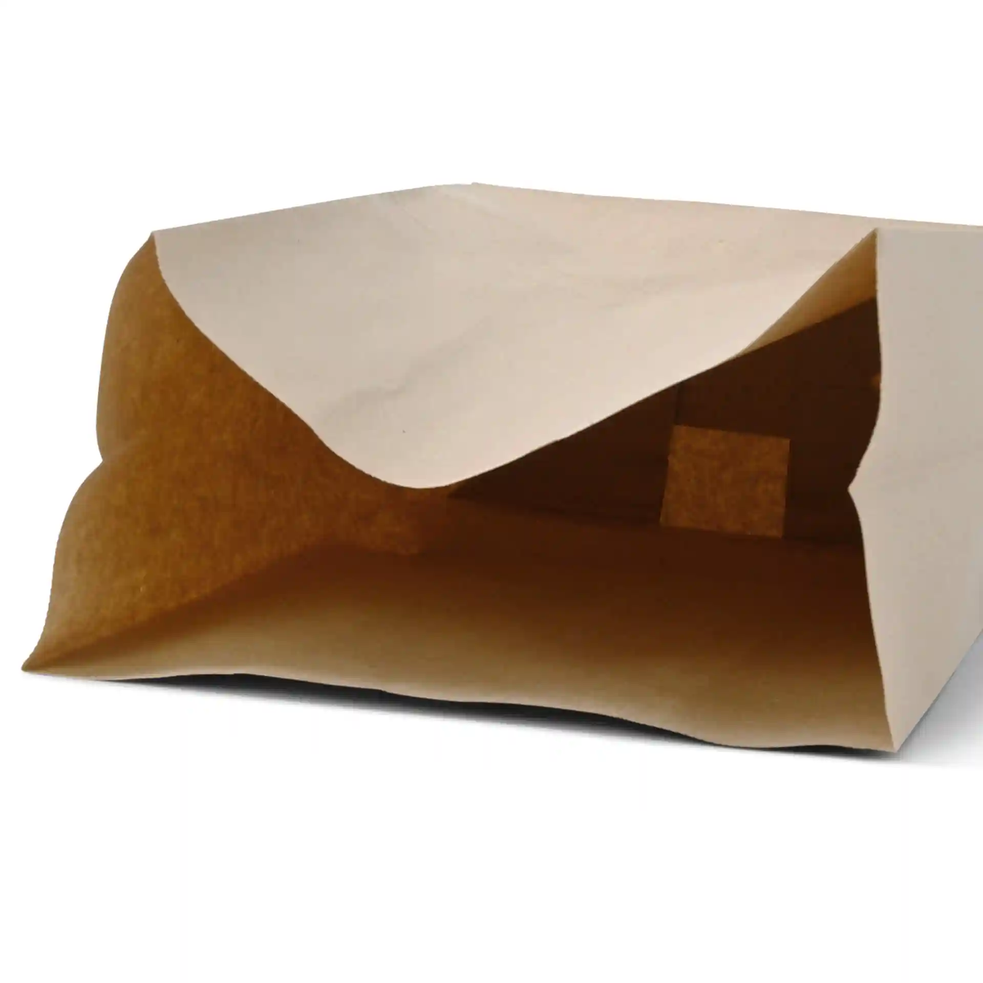 Brown rectangular paper shopping bag with an open top, showing the interior.