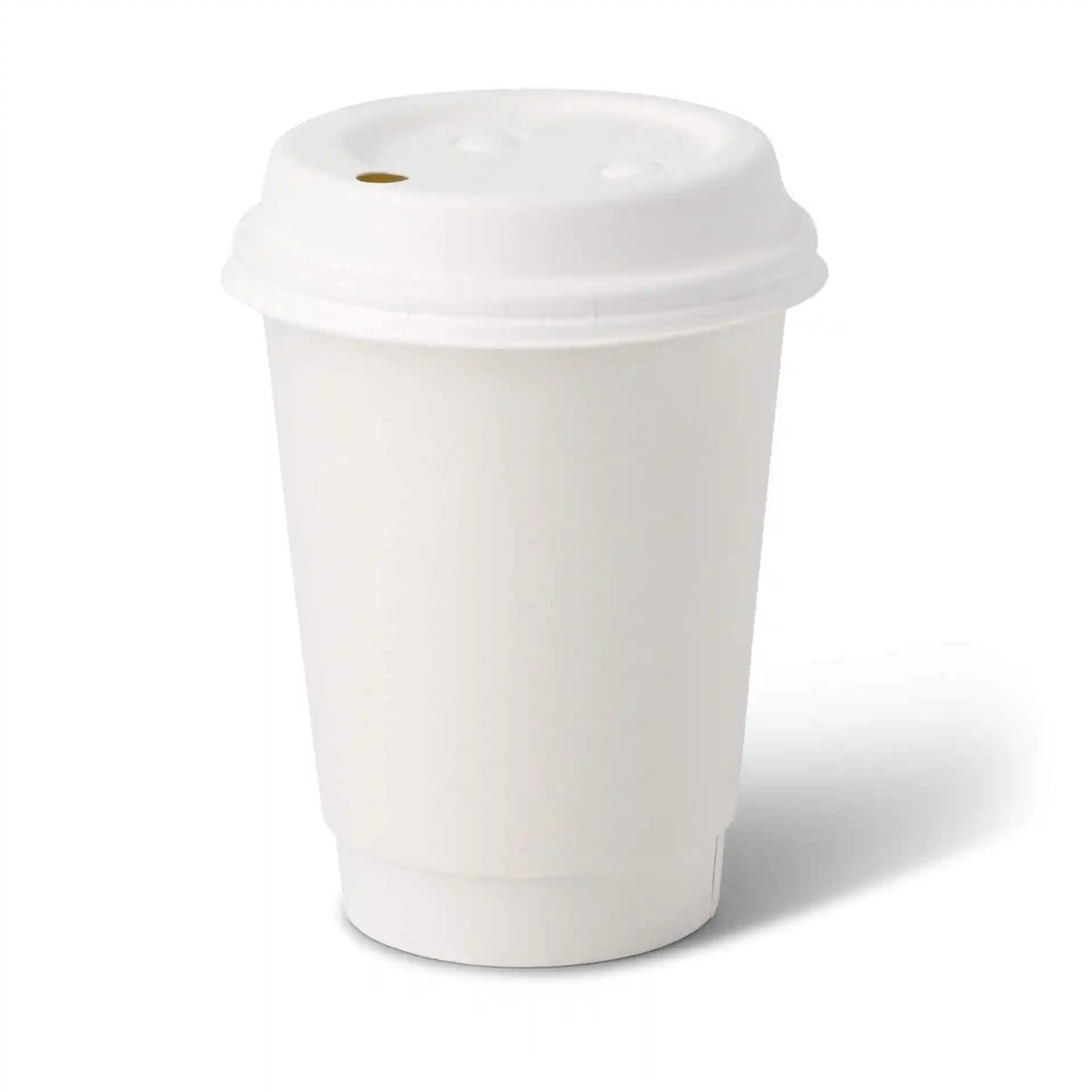 White double-walled cardboard coffee cup with a lid, 12 oz capacity, round shape, and a diameter of 90 mm.