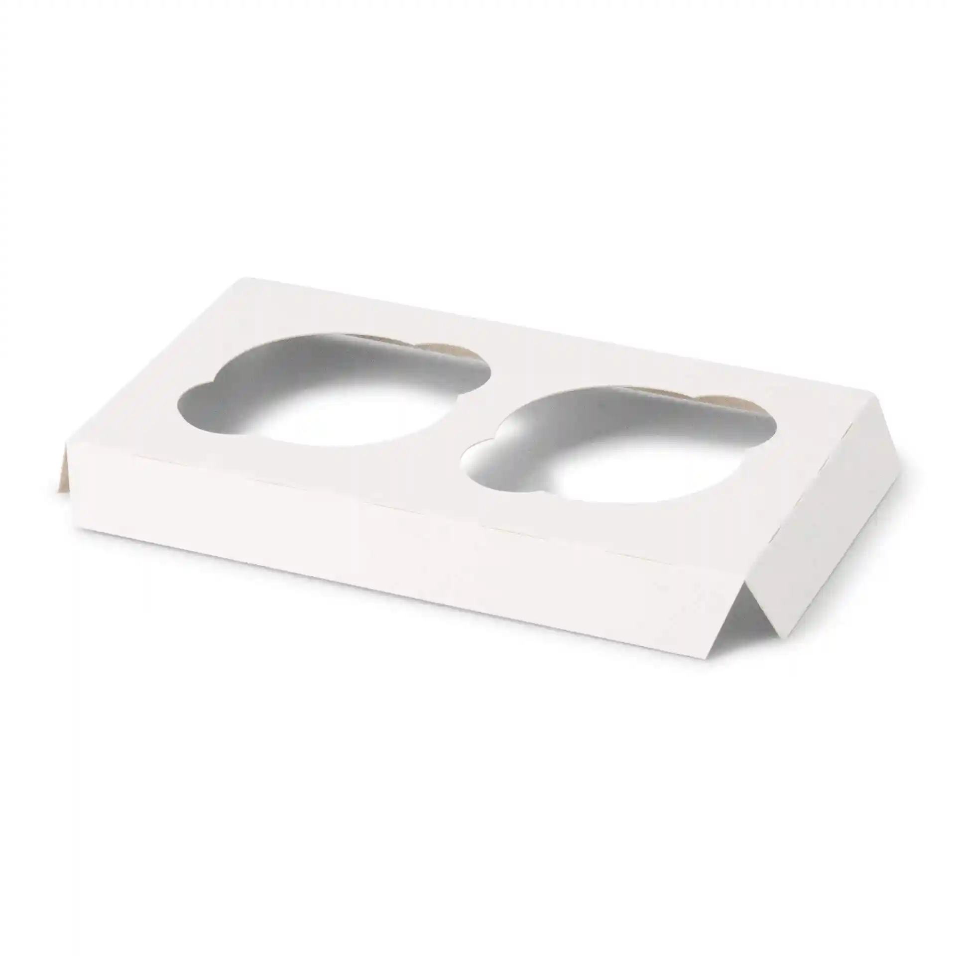 White cardboard box insert with two circular cutouts for cupcakes.