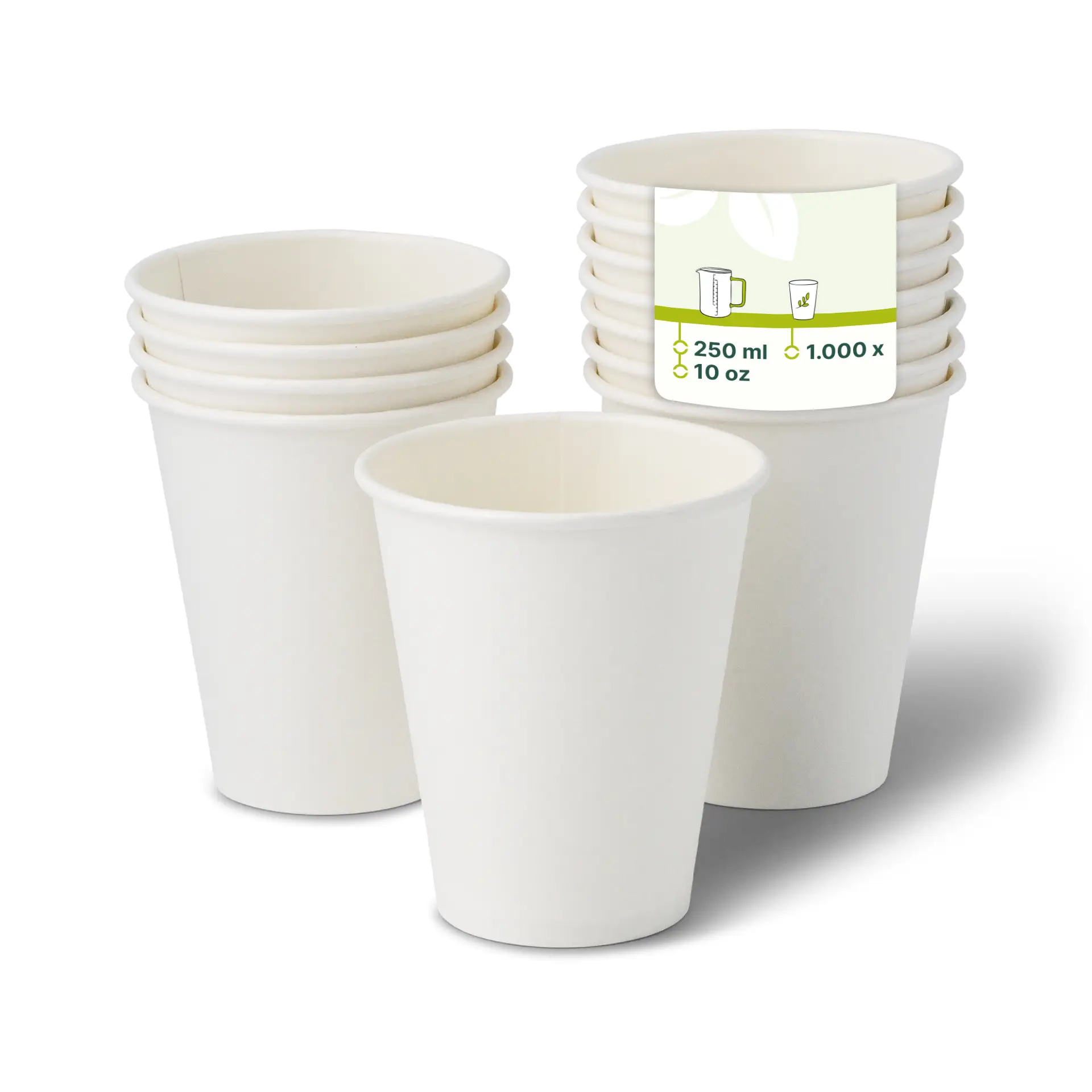 White paper cups in a stack, showcasing one cup upright, with a label indicating 250 ml capacity and 10 oz volume.