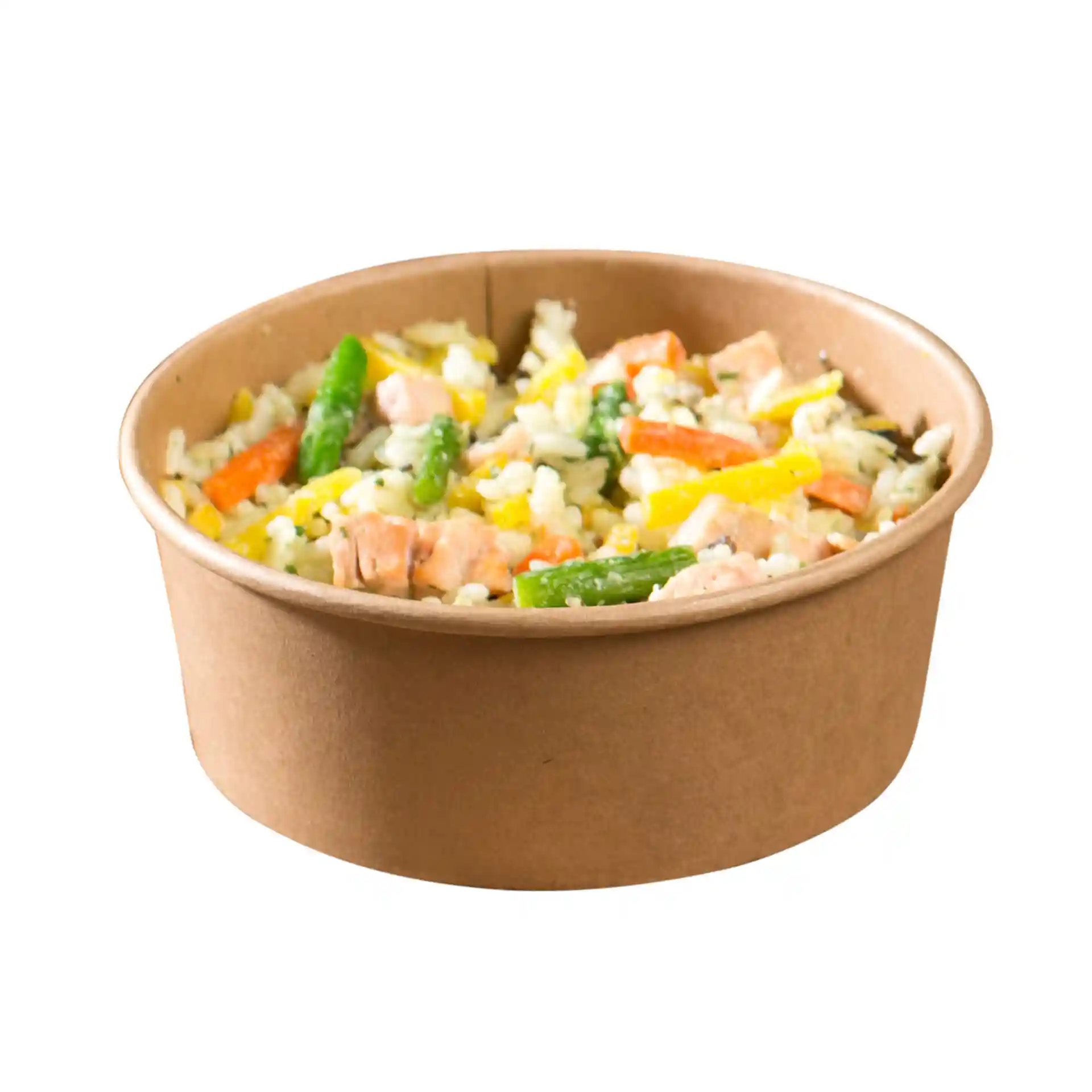 Round brown paper bowl filled with rice, vegetables, and salmon, viewed from the side.