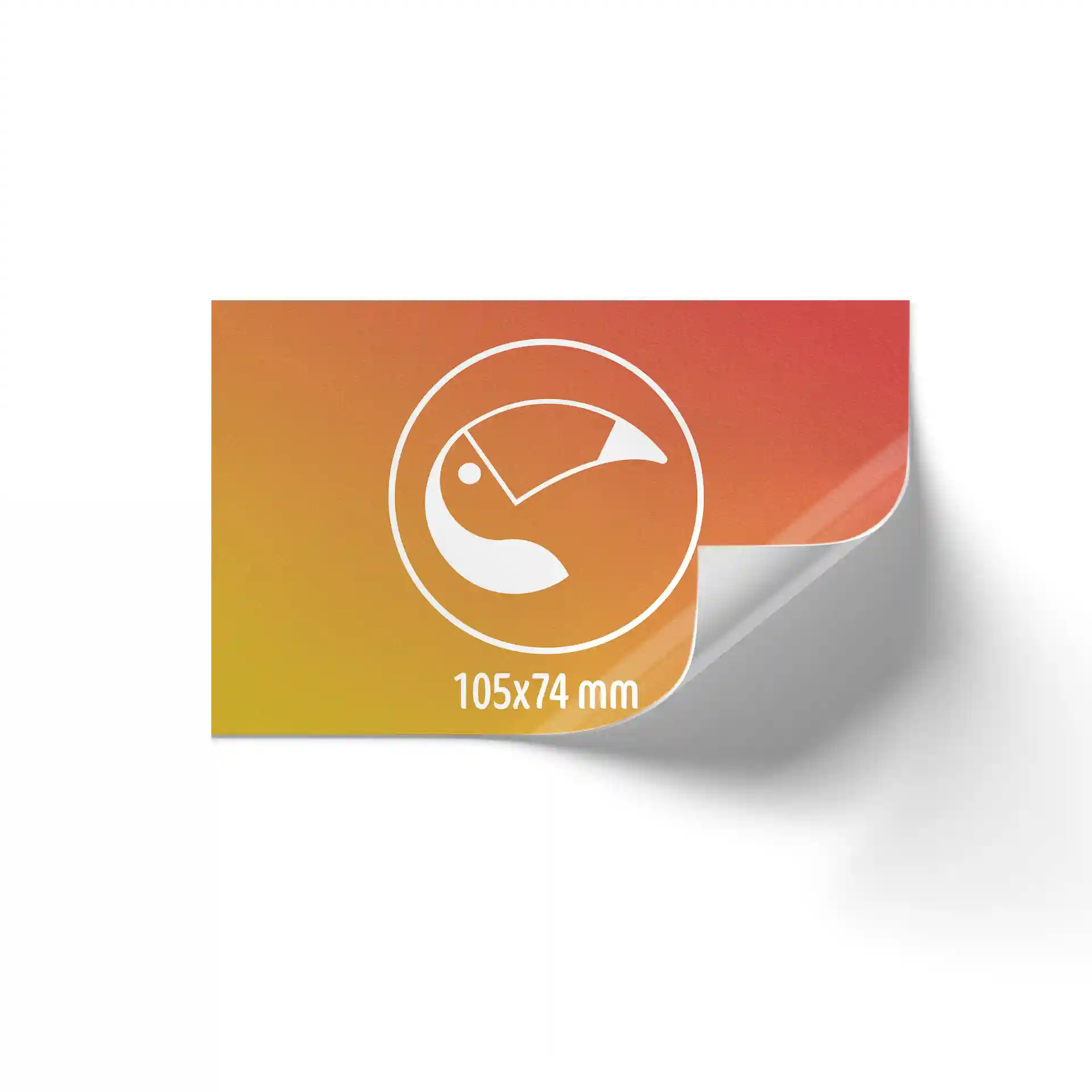 Rectangular printed label with a glossy finish, measuring 105x74 mm, featuring a design and a corner curl.