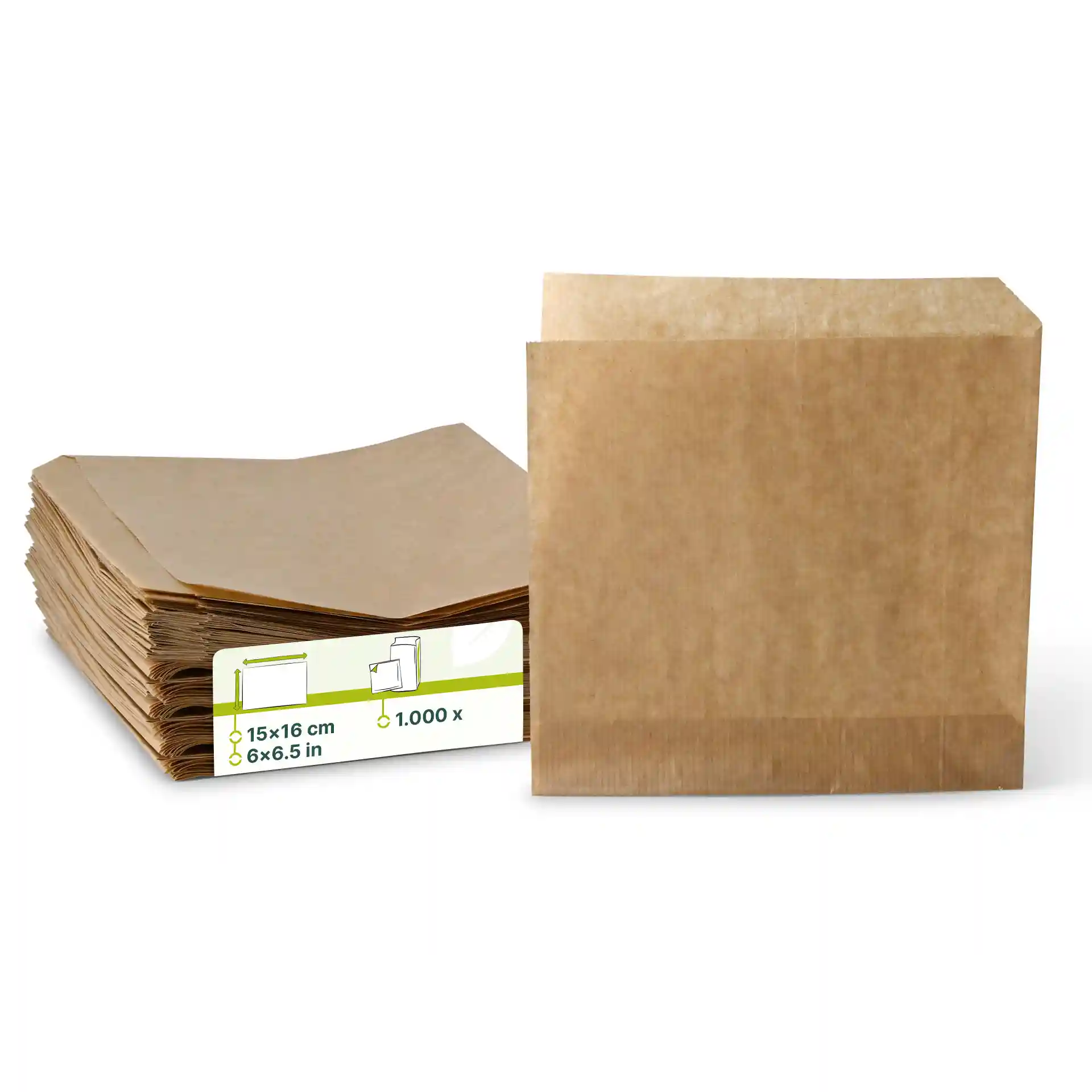 Brown paper snack bags, 16 x 15 cm, with a stack of bags and a visible label showing dimensions.