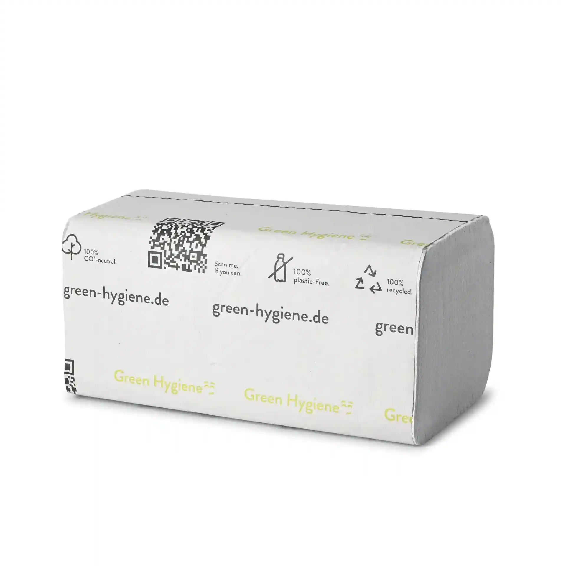 Packaged rPaper folded towels, 2-ply, V-fold, with printed markings and a QR code on the exterior.