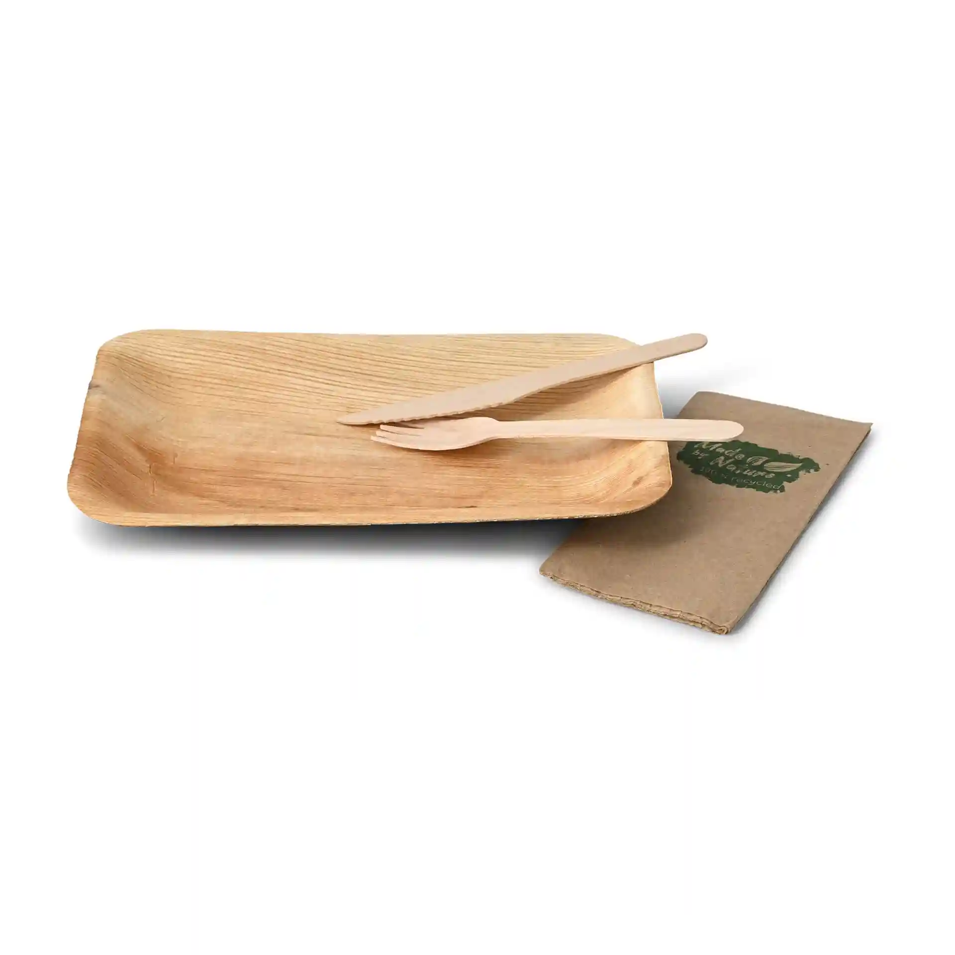 Rectangular palm leaf plate with two wooden utensils and a brown paper napkin, all on a white background.