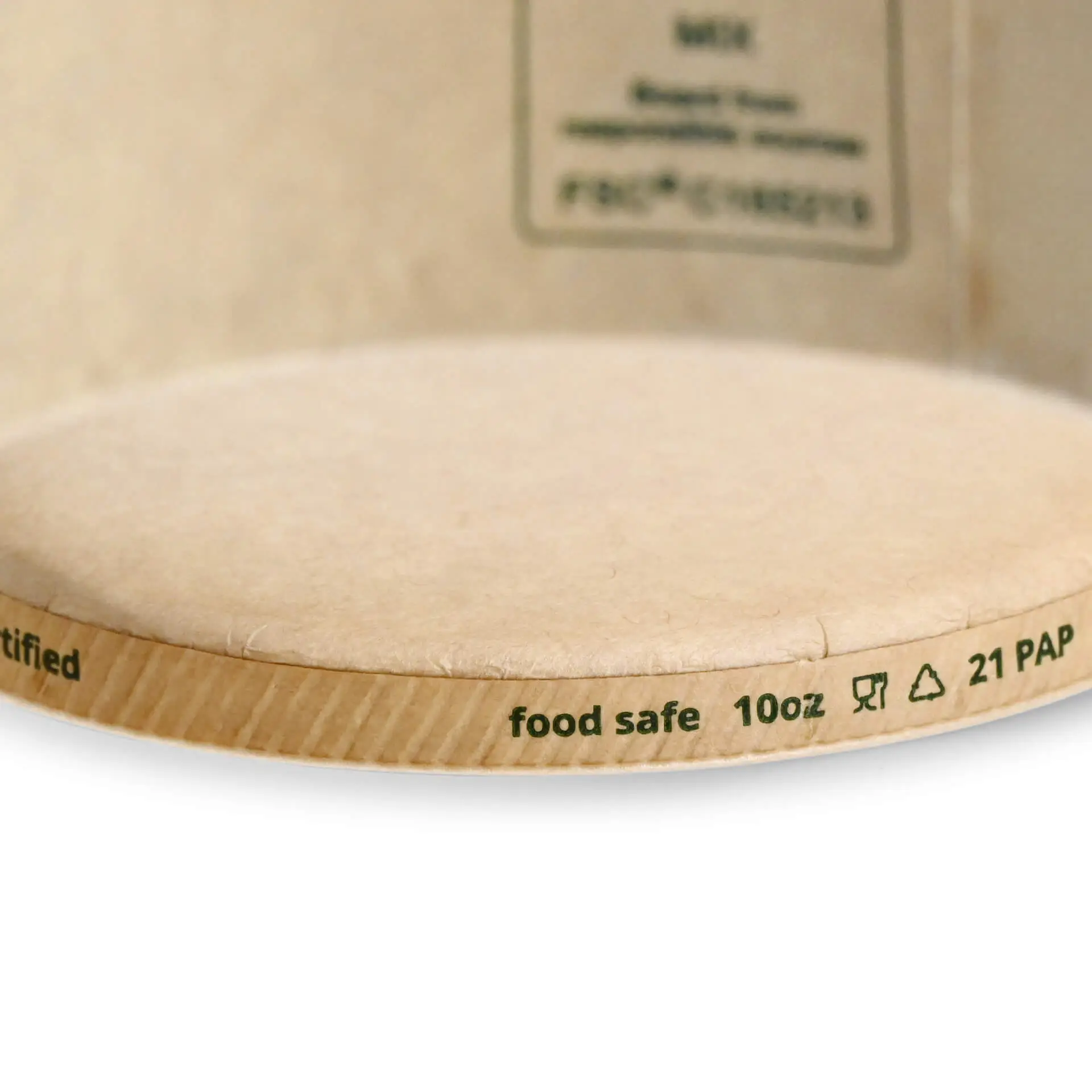 One brown paper ice cream tub, 10 oz capacity, with markings for home compostable and food safe; smooth surface and round shape.