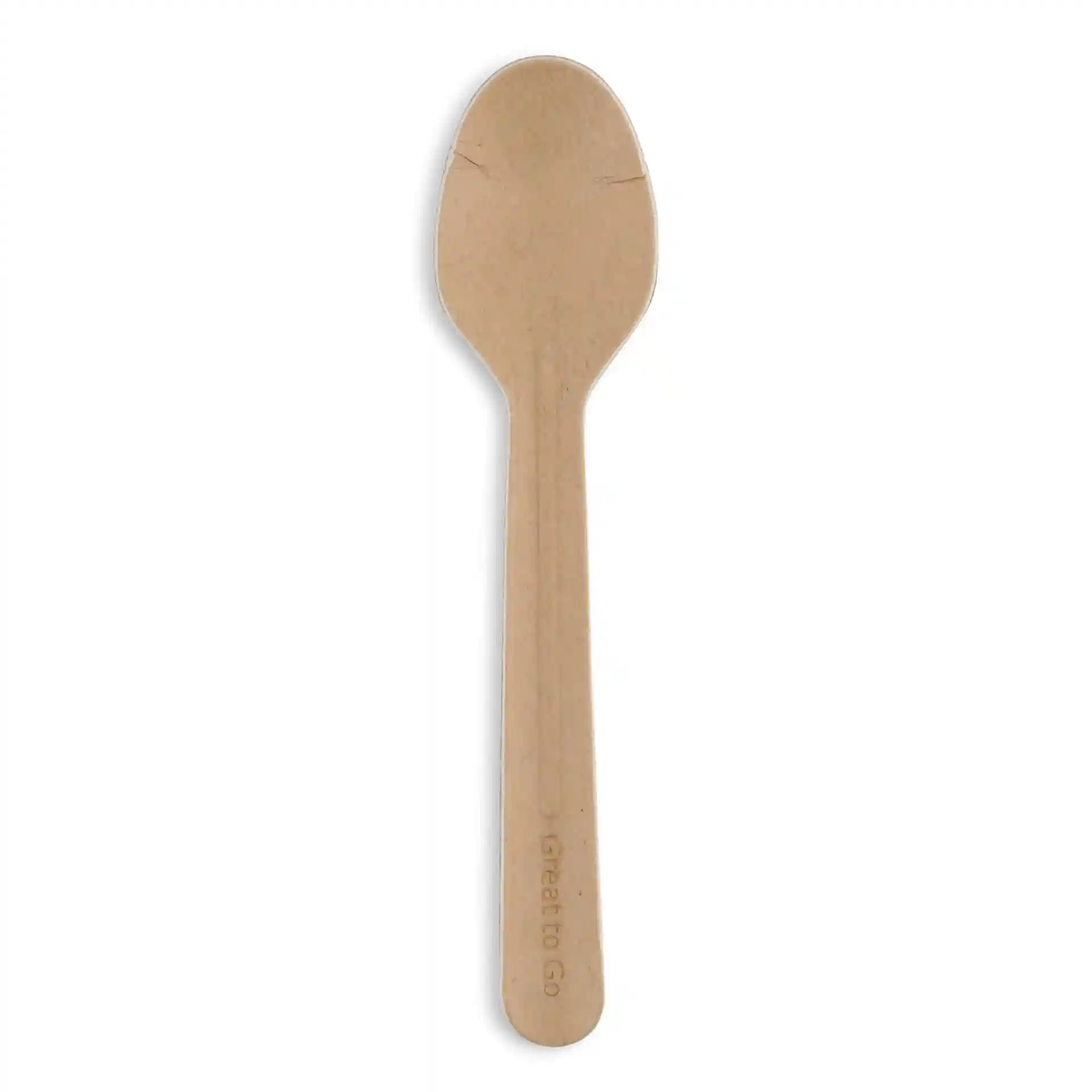 Brauner Papierspoon, 16,5 cm lang, mit glatter Oberfläche und abgerundetem Ende, auf weißem Hintergrund.