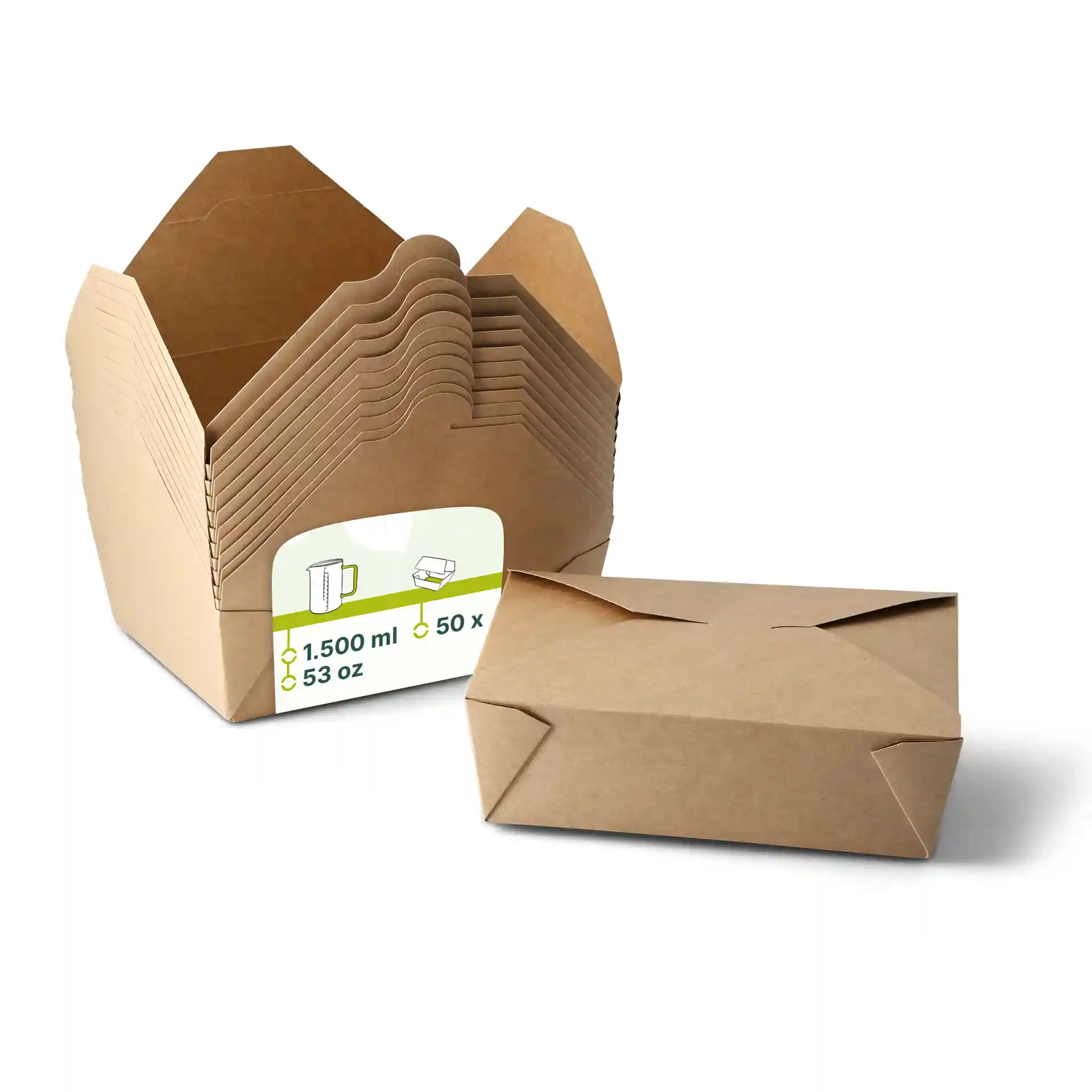 Brown cardboard takeaway containers stacked with one on the side, showing a label with capacity and quantity details.