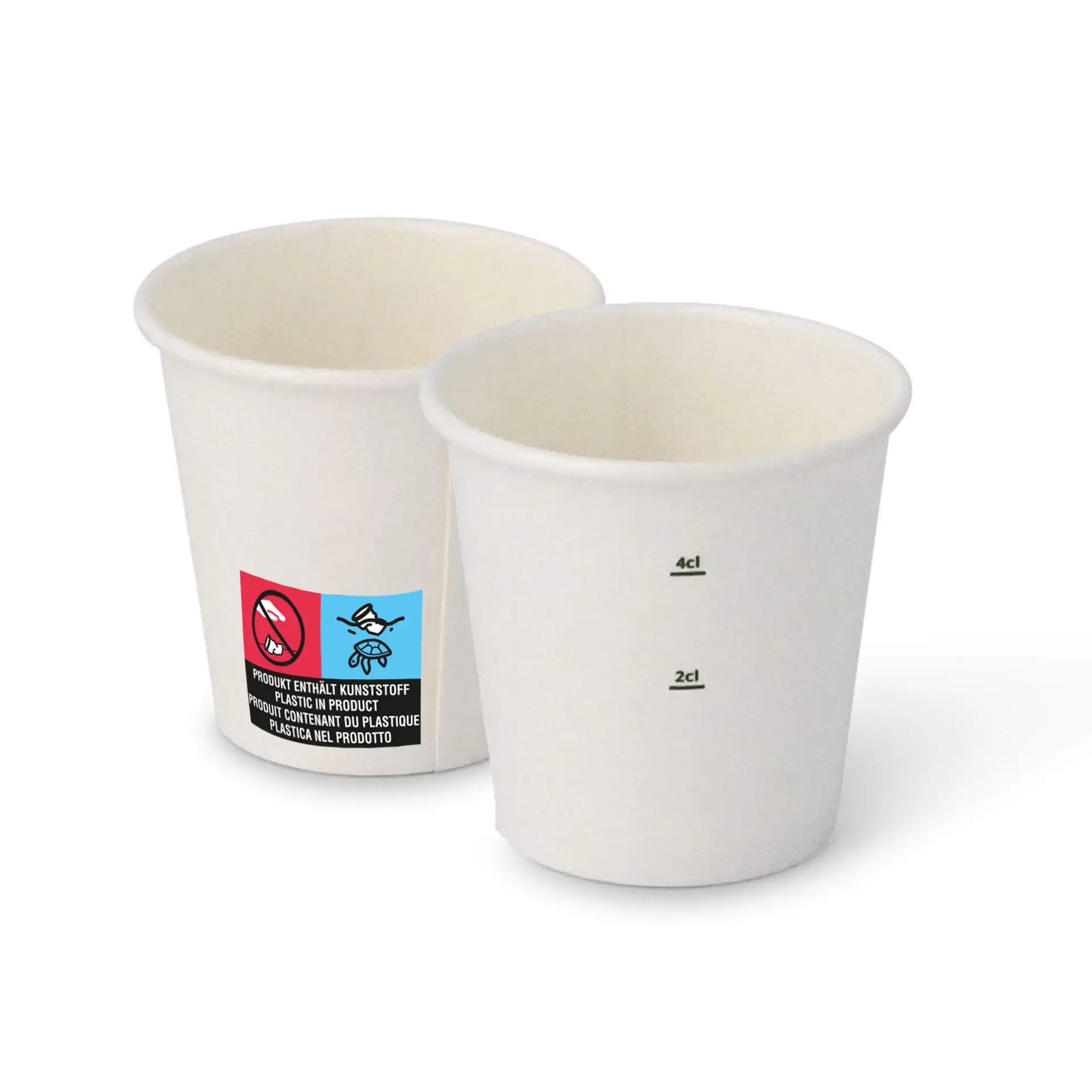 Two white 2 oz paper cups with PE coating; one cup shows markers for measuring volume.