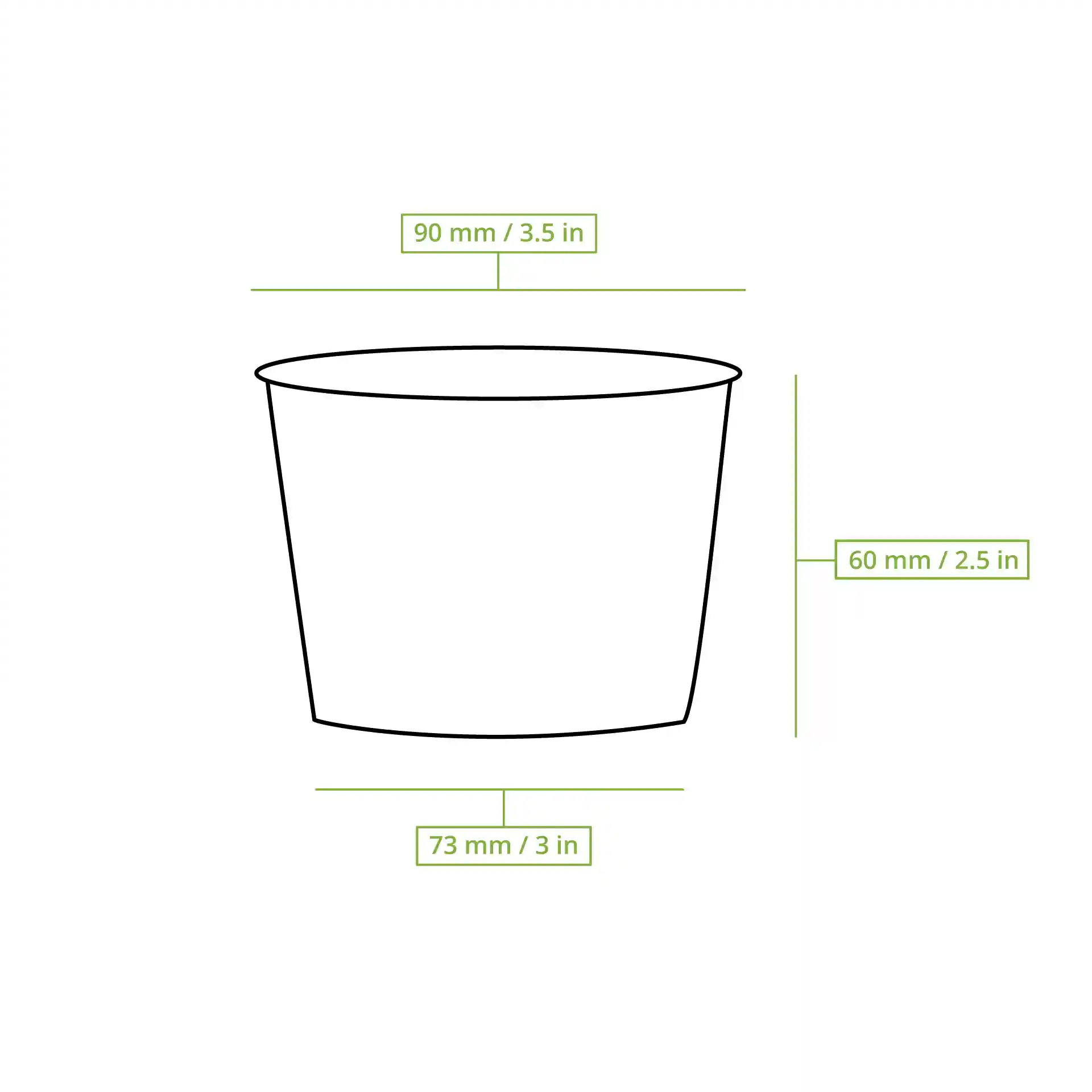Schematische Zeichnung eines runden Pappbechers für Suppe mit Maßen: oberer Durchmesser 90 mm, Höhe 60 mm, unterer Durchmesser 73 mm.
