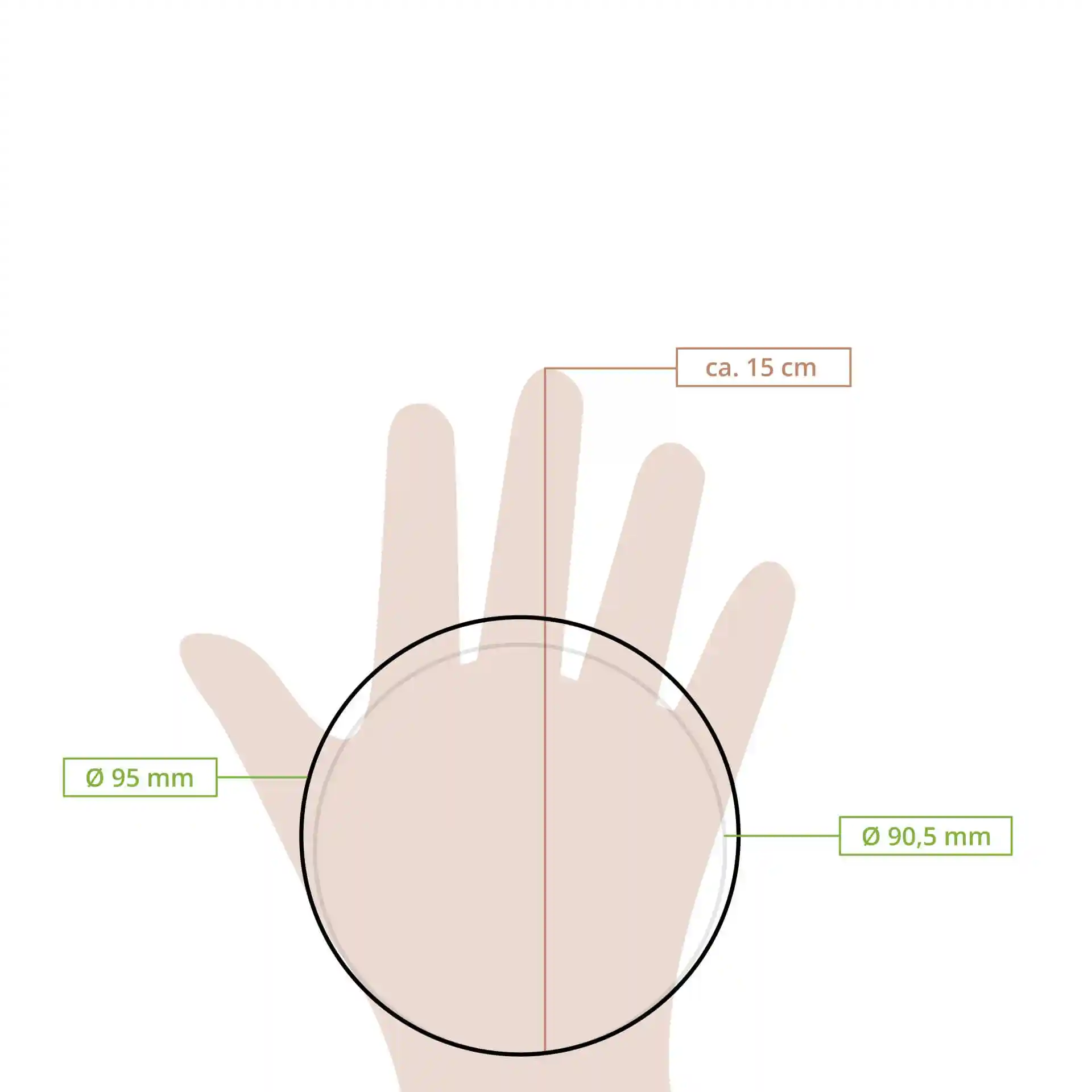 Schematische Zeichnung einer Hand mit einem Kreis, der einen Durchmesser von 95 mm und eine Höhe von etwa 15 cm angibt.