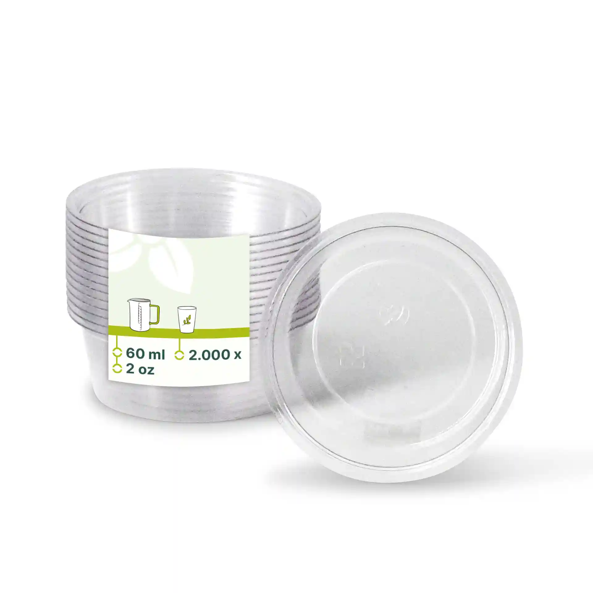 Transparent PLA portion cups with a diameter of 70 mm and a height of 25 mm, stacked with a label showing measurements.