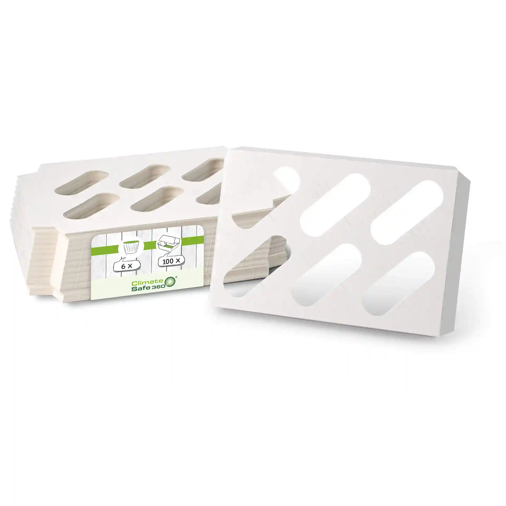 White cardboard inserts for cupcake boxes, featuring cut-out shapes and a label indicating 6 pieces per pack.