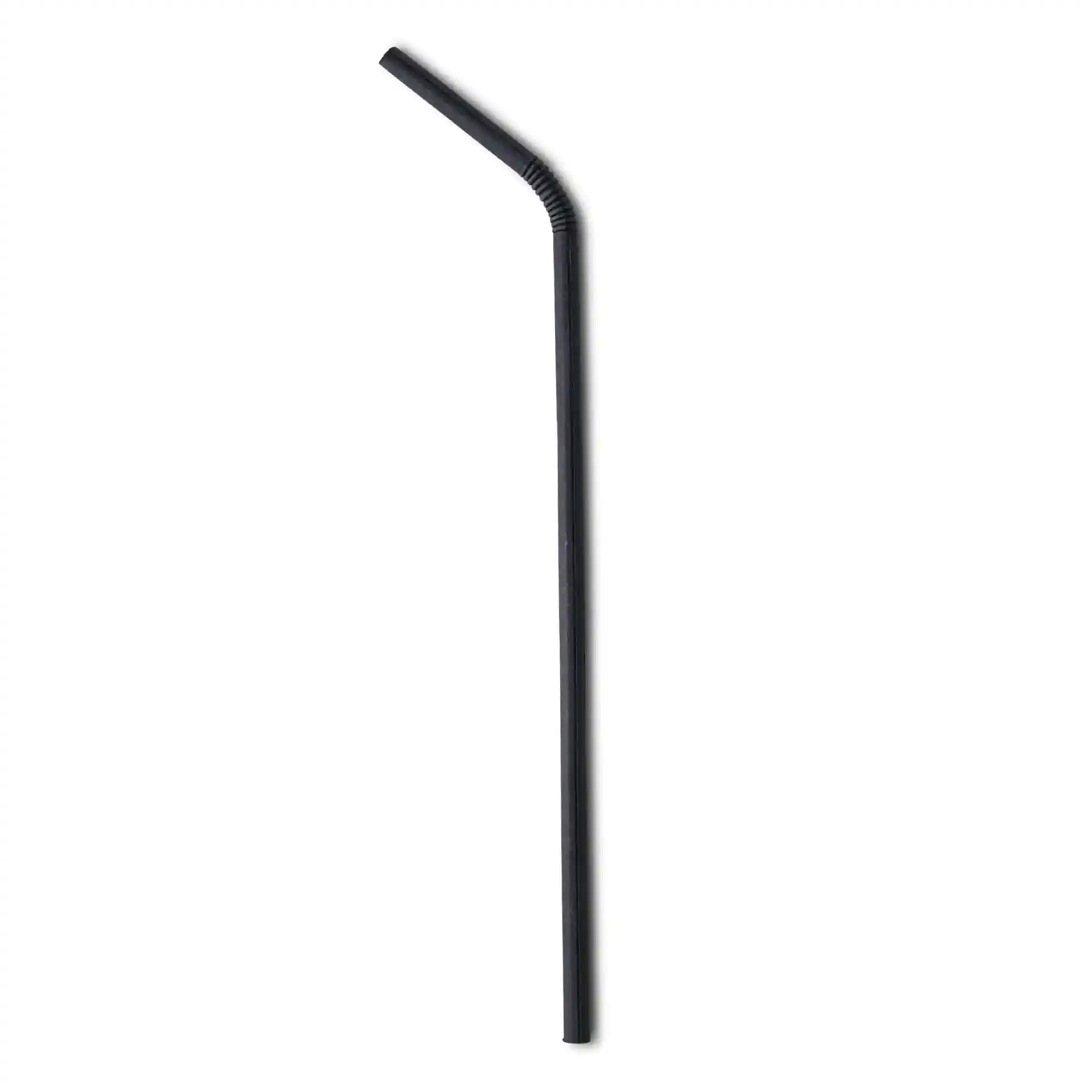 Flexibler schwarzer Papierstrohhalm, 22 cm lang und 0,5 cm im Durchmesser, auf weißem Hintergrund.