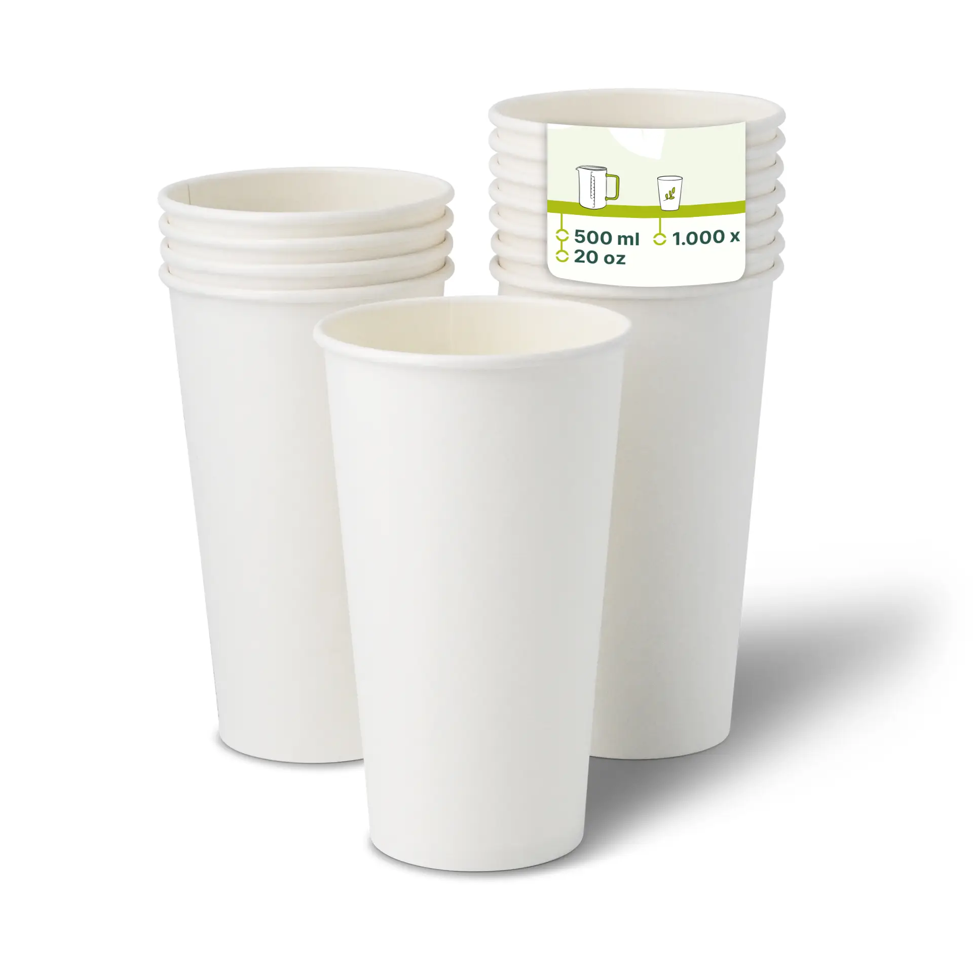 One white paper cup in focus; several stacked cups behind. Product details visible with capacity and usage icons.