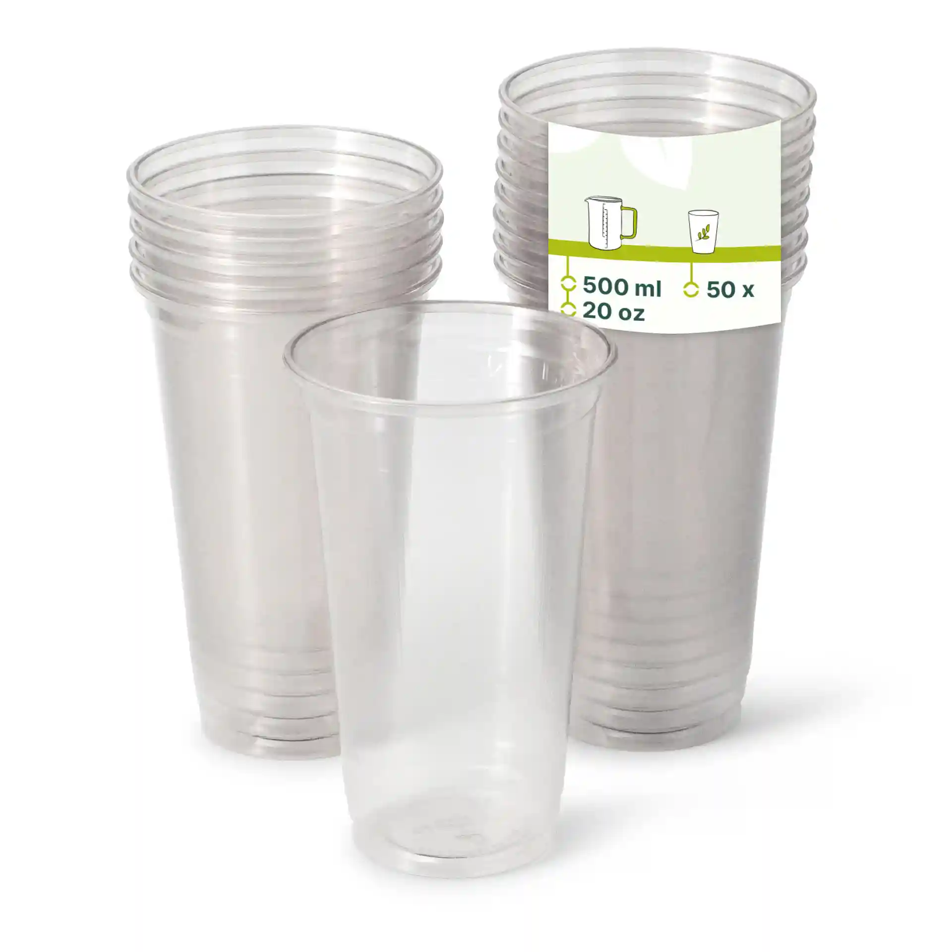 Transparente 20 oz rPET Becher, gestapelt mit einem Becher vorne, zeigt ein Etikett mit Volumendetails.