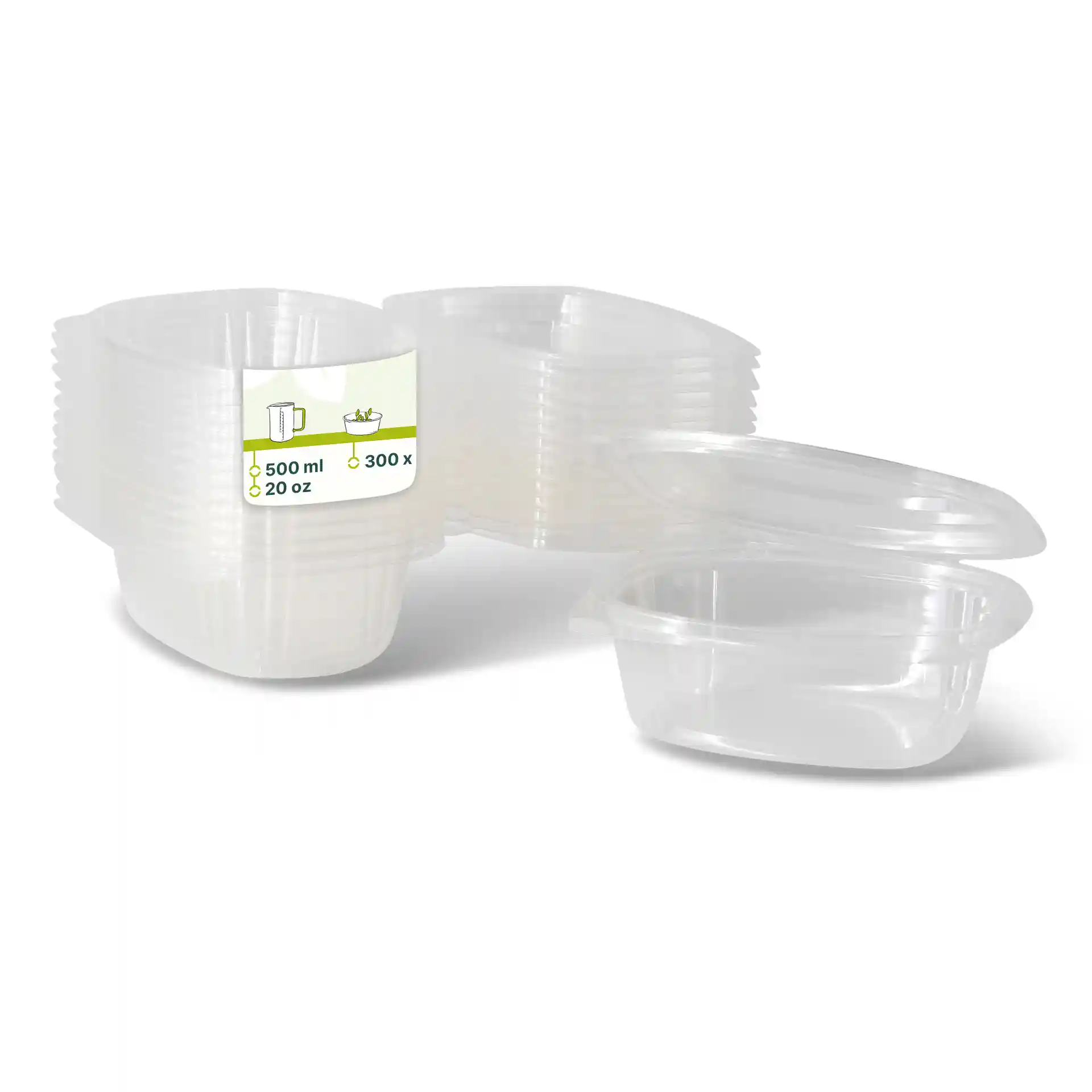 Transparent rectangular PLA deli bowls with folding lids, showing multiple stacked containers and one open.