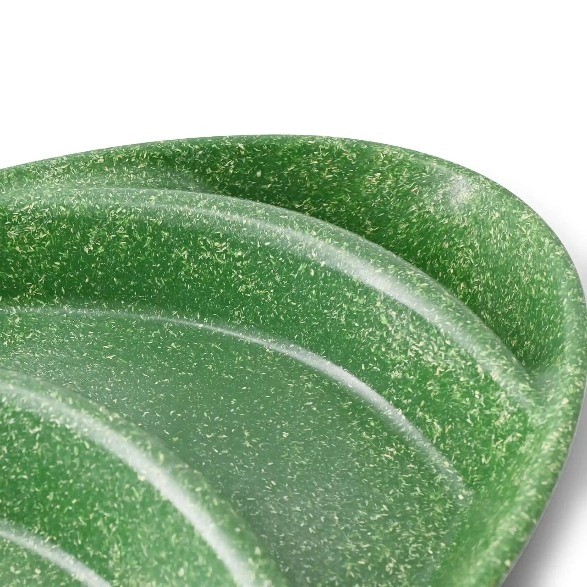 Green reusable menu plate with three compartments, teardrop shape, made from bio compound material.