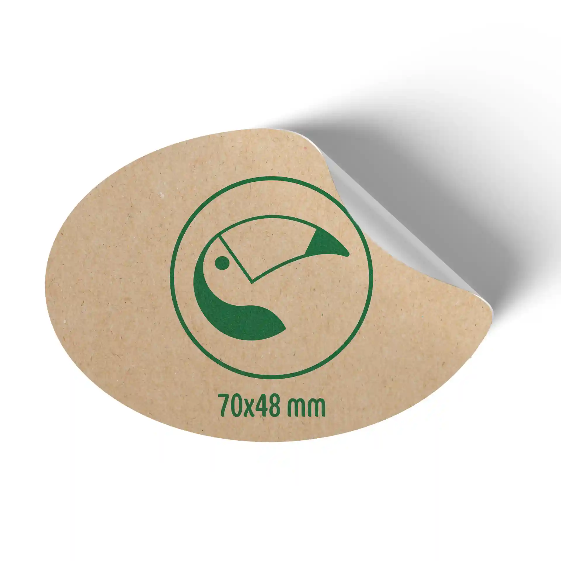 Oval printed label made of brown matte kraft paper, featuring a green design and dimensions of 70 x 48 mm.