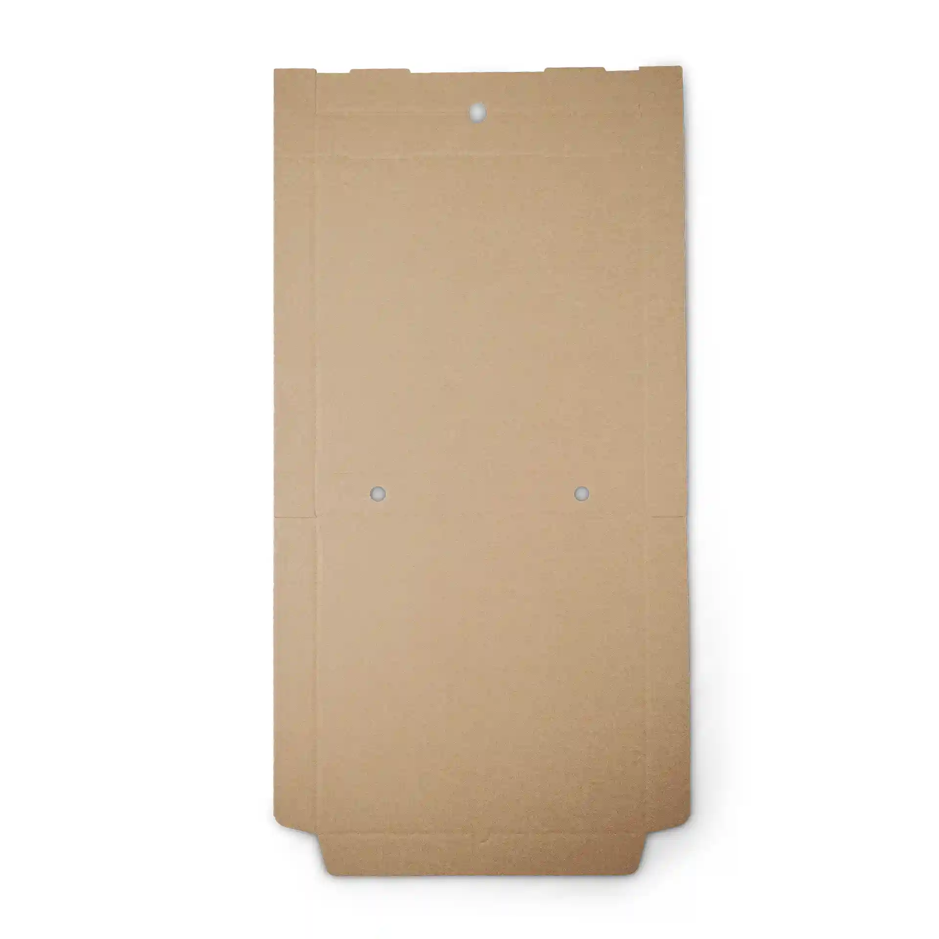 Braune Pizzaschachtel aus Karton, quadratische Form, Maße 370 mm x 370 mm x 47 mm, flach mit zwei Löchern gezeigt.