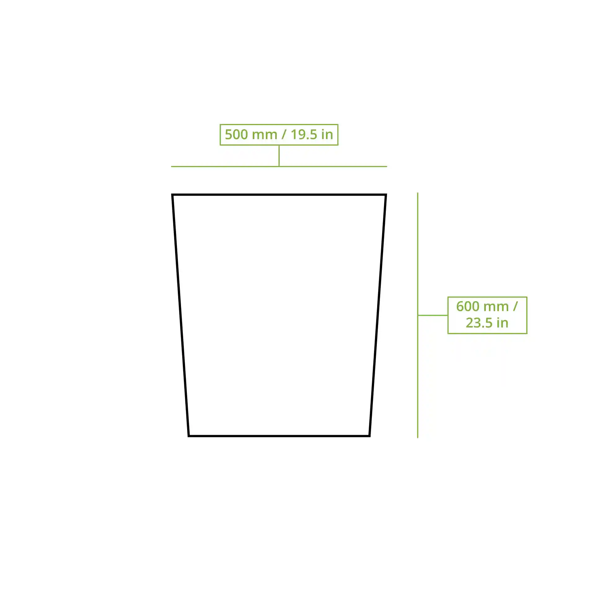 Schematische Zeichnung eines Müllsacks mit den Abmessungen 500 mm x 600 mm, beschriftet mit Maßlinien.