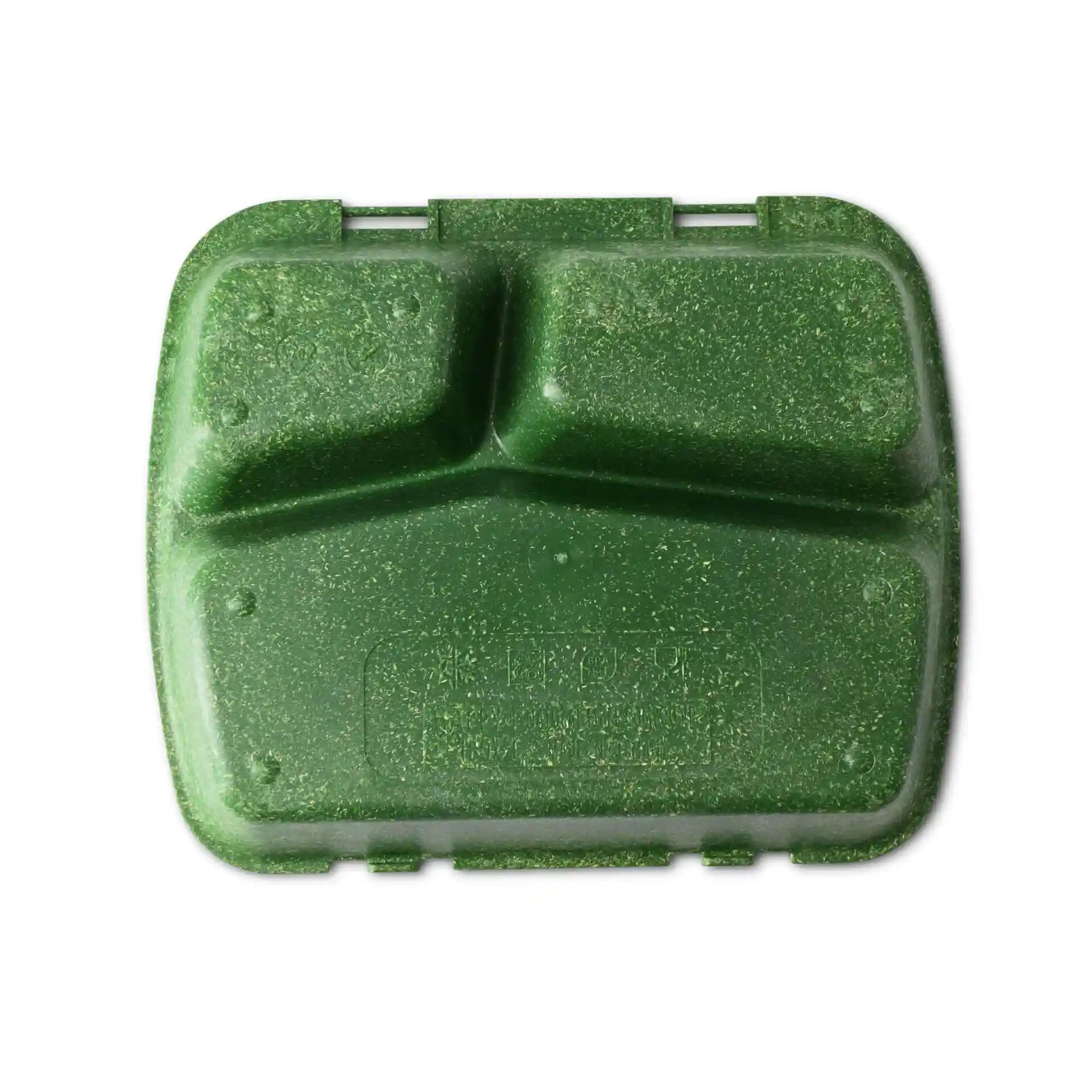 Green reusable meal container with three compartments, measuring 24.5 x 20 x 4.5 cm.