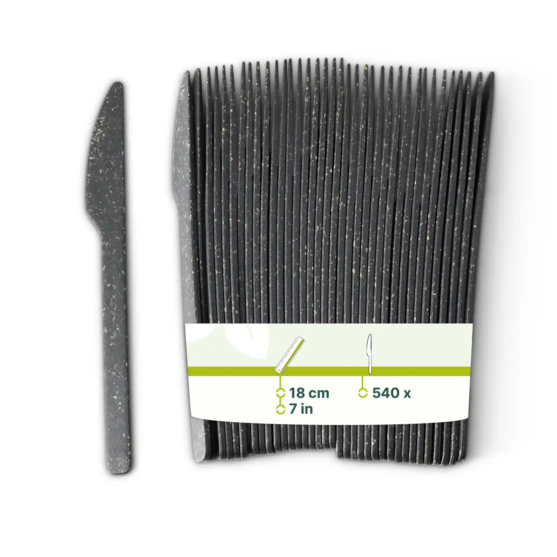 Black reusable knife made from bio compound, shown with several similar knives and a label indicating dimensions and quantity.