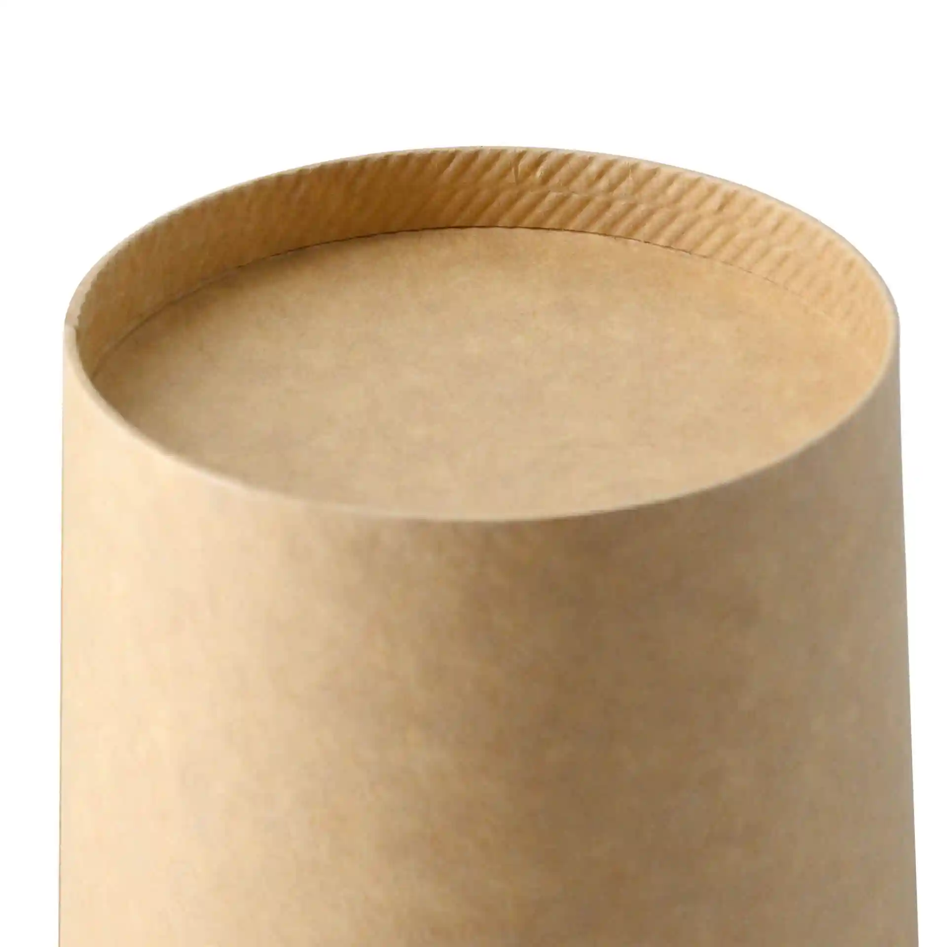 Top view of a round brown cardboard soup cup with a smooth edge and eco-friendly coating.