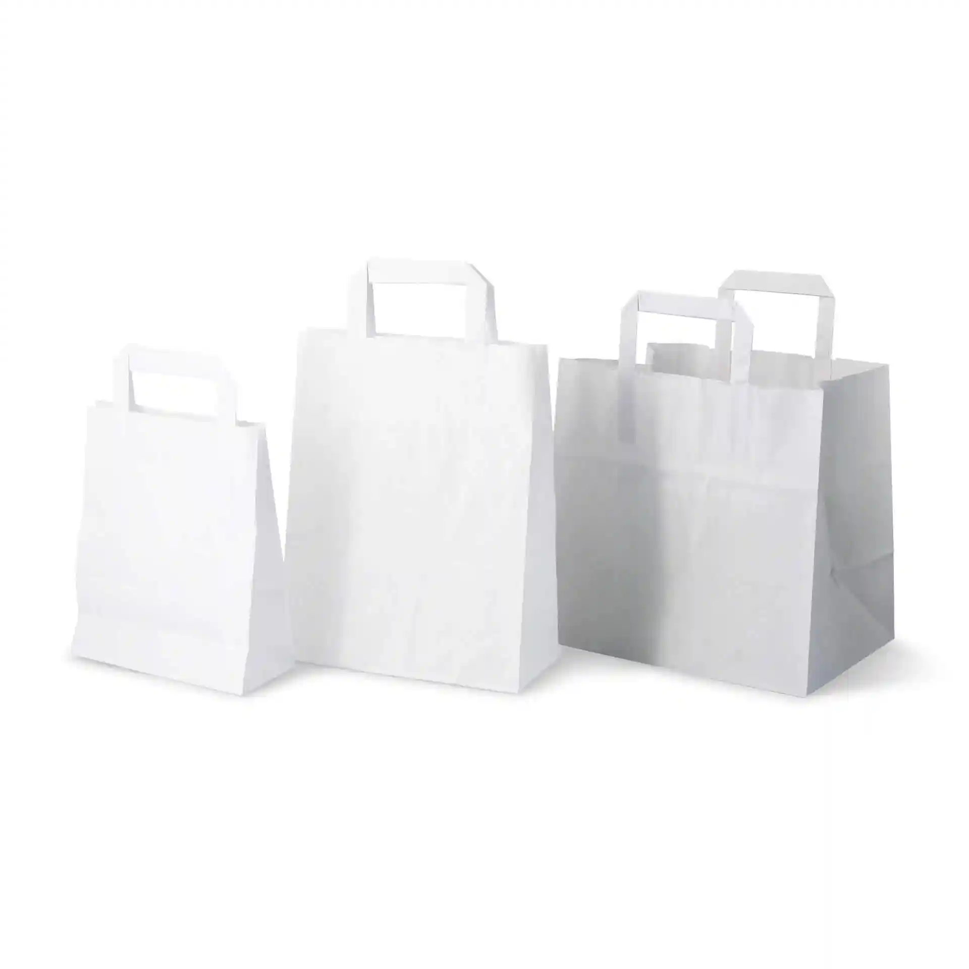 Three white kraft paper carrier bags of varying sizes with flat handles, featuring a wide base.