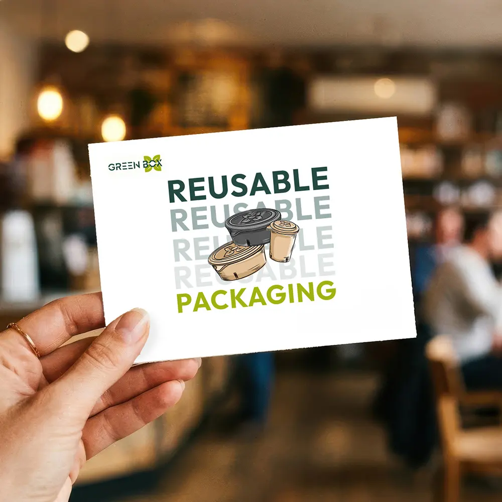 Sign with green background featuring a hand holding a globe and text in German about sustainable packaging.