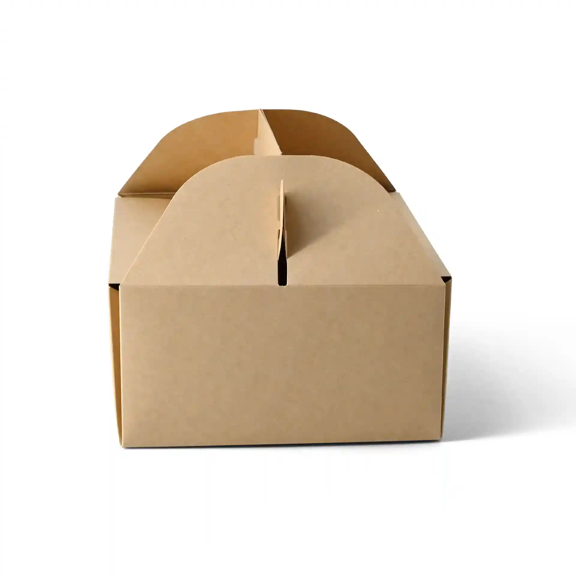 Brown rectangular cardboard pastry box with a handle, foldable design, dimensions 21 x 17 x 9 cm.
