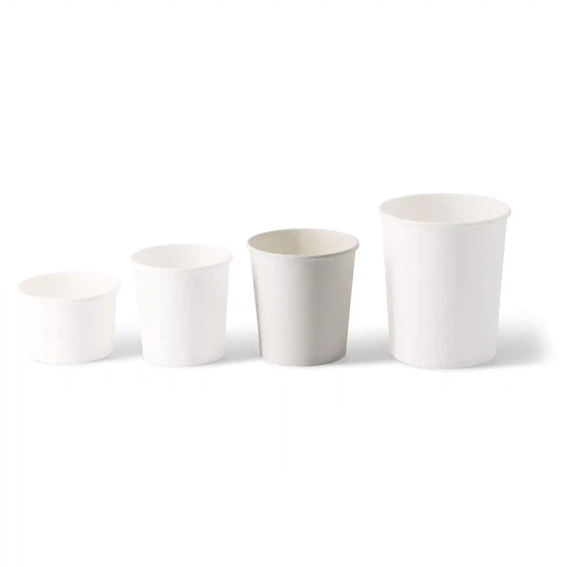 Image of four round cardboard cups in white and gray, varying in size, with the largest cup on the right.