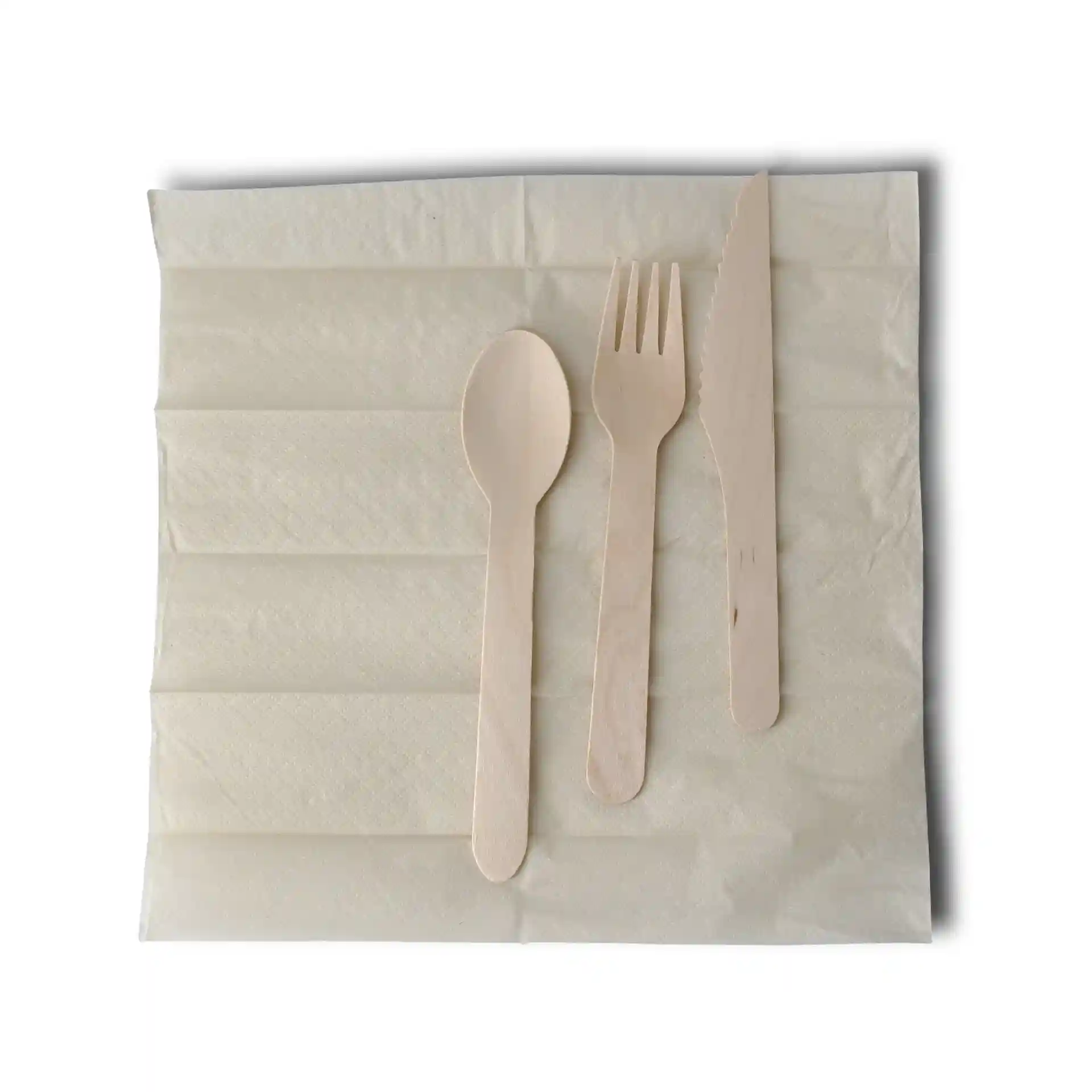 Wooden knife, fork, and spoon arranged on a folded napkin.
