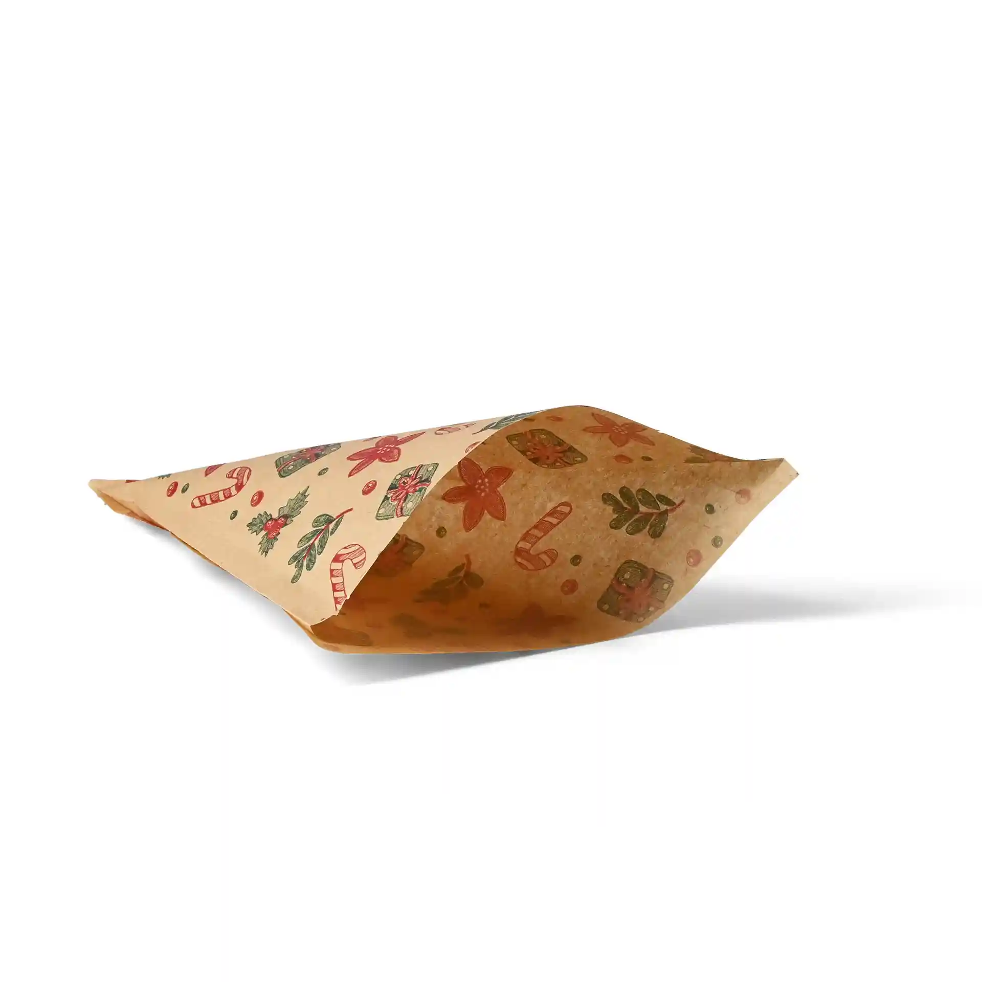 Braune fettdichte Tüte mit winterlichem Design, mit Zuckerstangen und Blumenmustern, 19 x 19 cm groß.