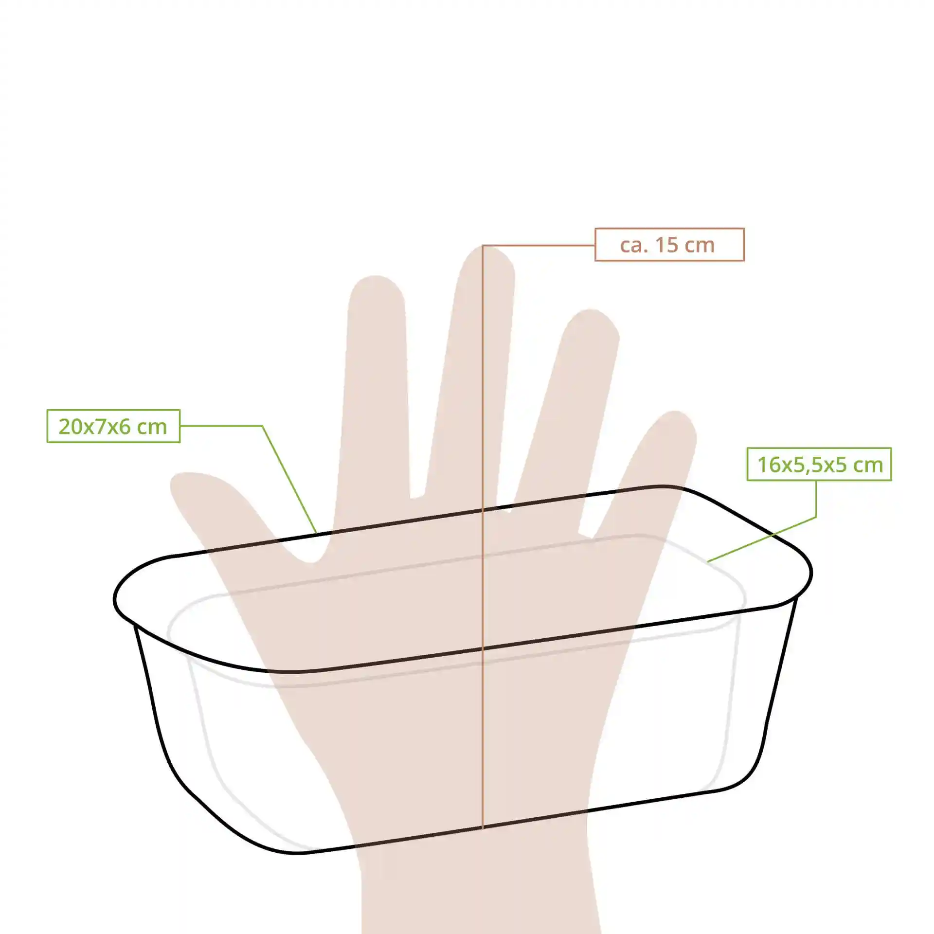 Schematic drawing of a rectangular baking mould with dimensions 20x7x6 cm, shown above a hand for scale.
