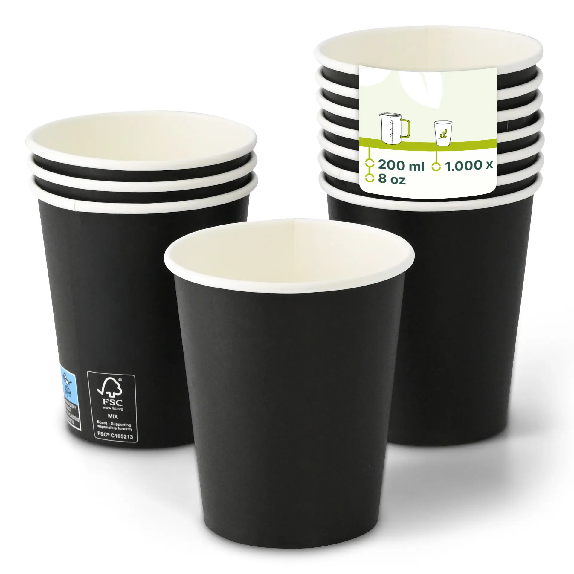Eight black paper cups with a PE coating; one cup in focus with the rest stacked behind, featuring a label indicating usage.