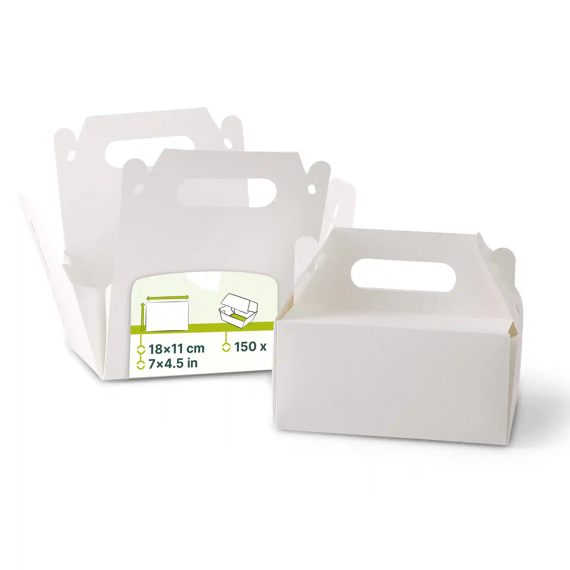 White cardboard pastry boxes with handles, rectangular shape, dimensions 18 x 11 x 9 cm, two boxes shown.