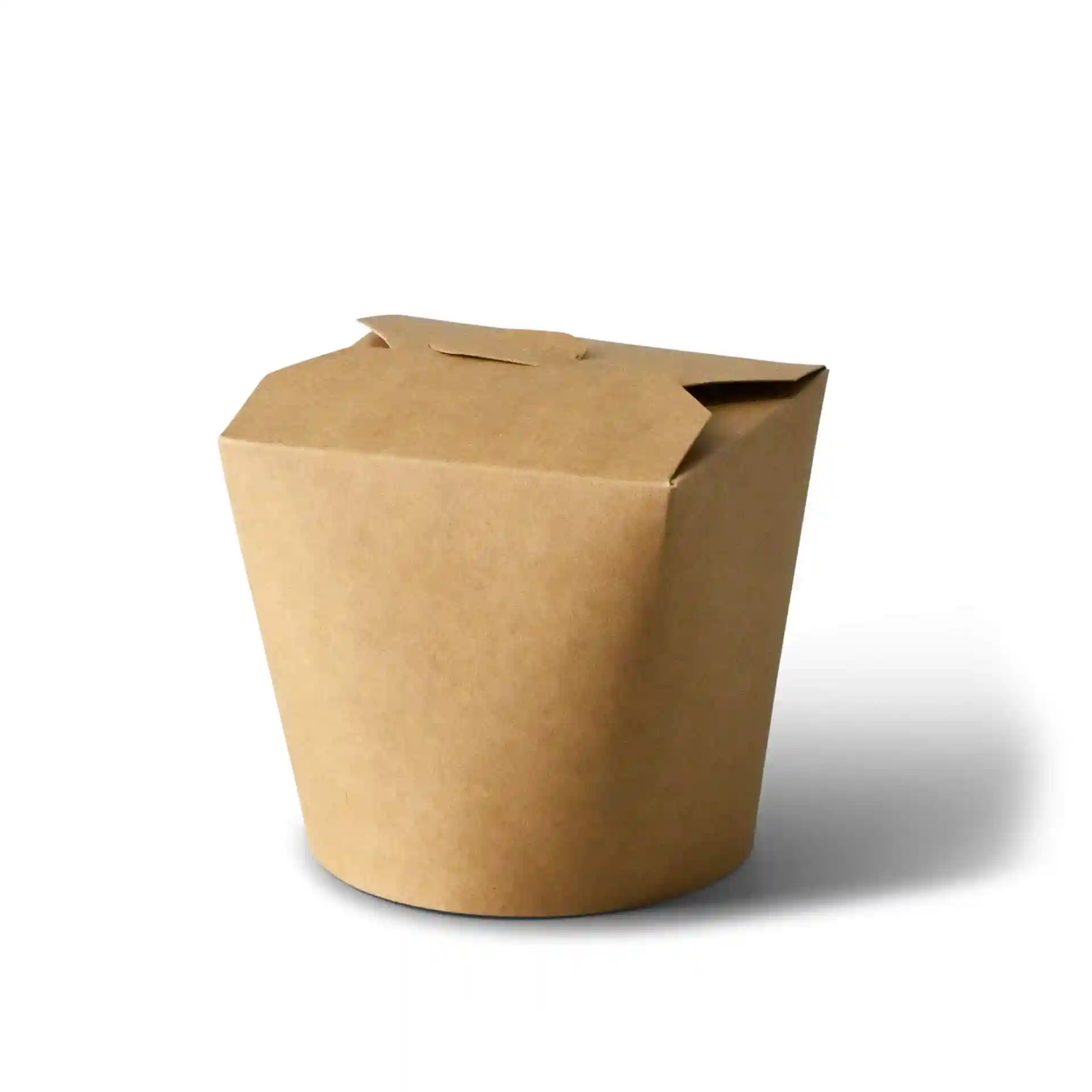 Brown cardboard noodle box with a round shape and eco-friendly coating, holding 650 ml, shown from the side.