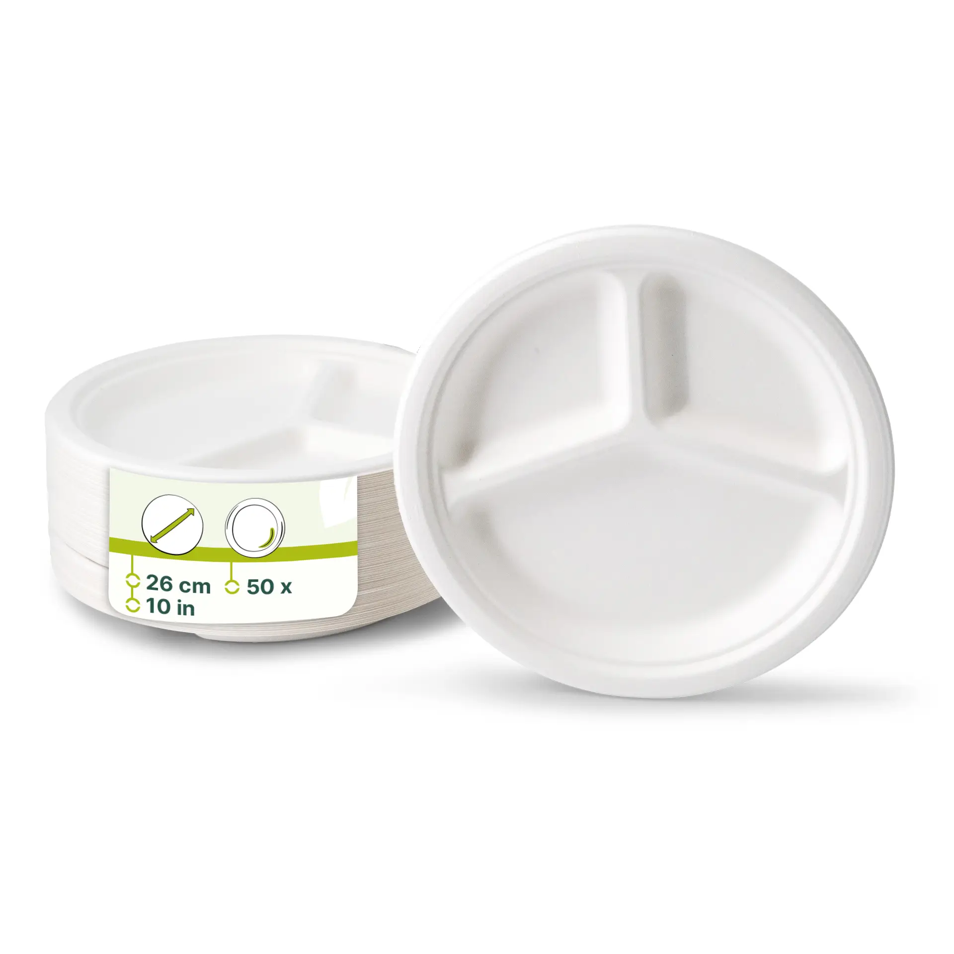 Menüteller aus Zuckerrohr Ø 26 cm, 3 Kammern, rund Menüteller aus Zuckerrohr Ø 26 cm, 3 Kammern, rund