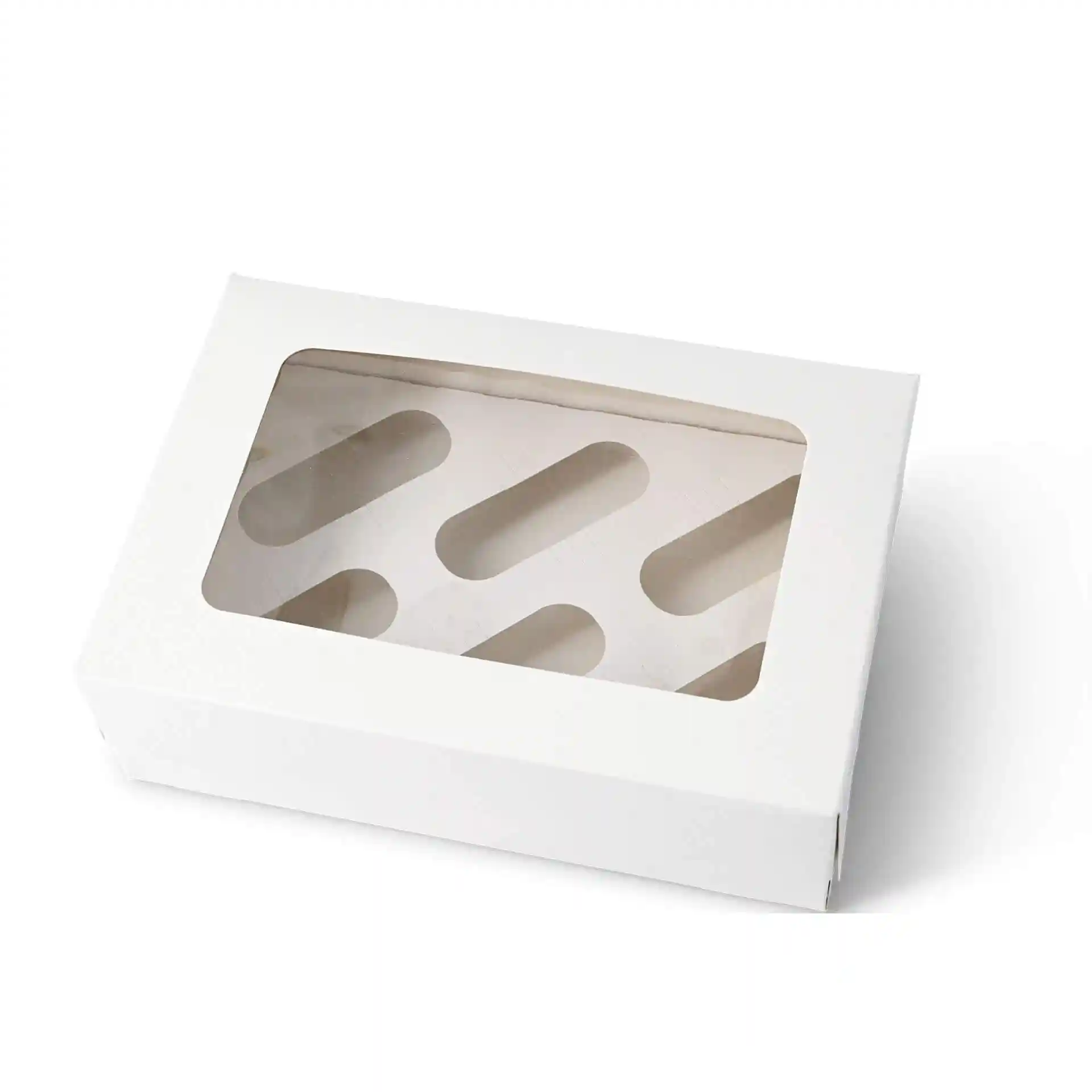 White rectangular cupcake box with a clear cellulose window, designed to hold six cupcakes.