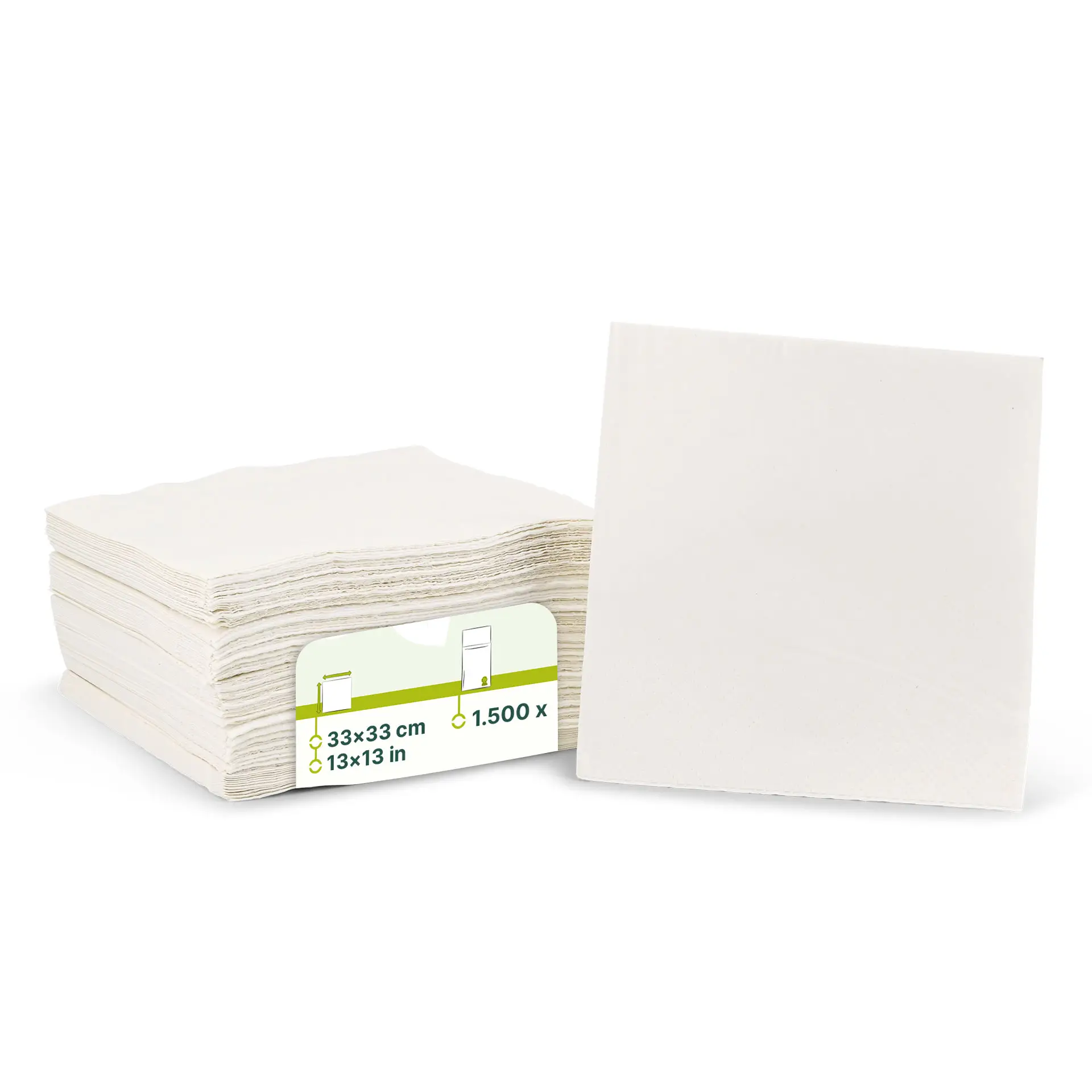 Stack of white 2-ply recycled paper napkins, 33 x 33 cm, with a single napkin displayed upright.