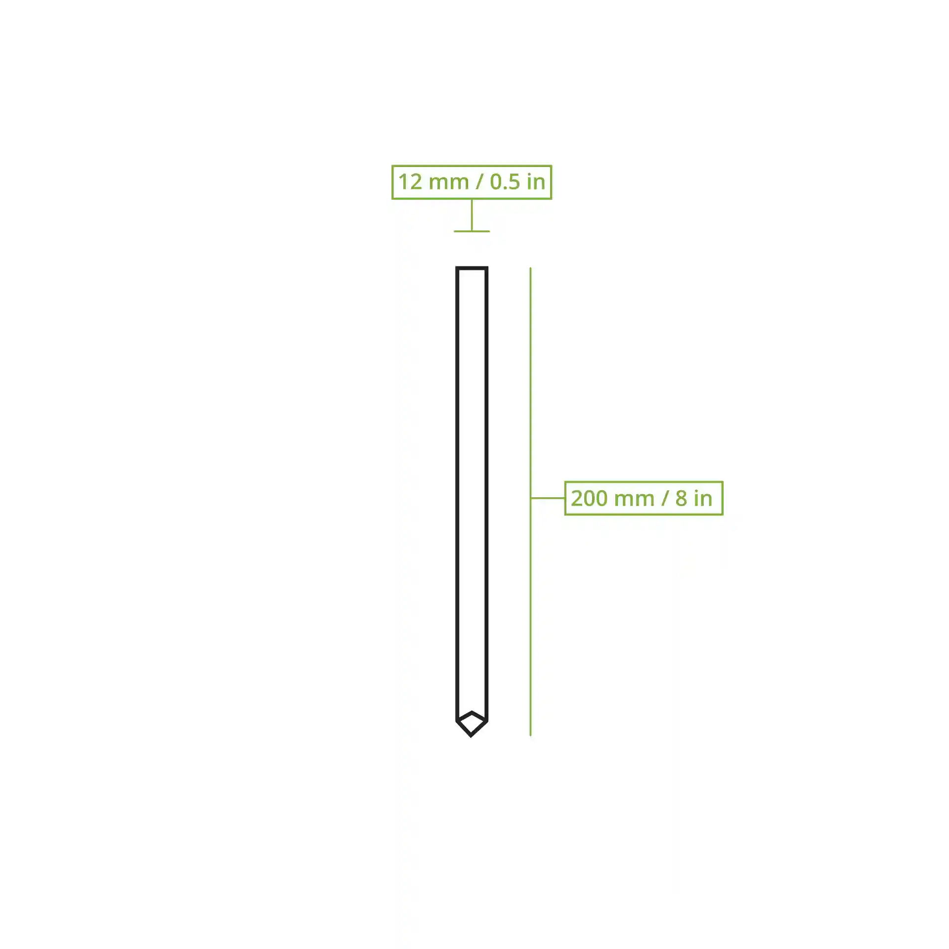 Schematic drawing of a bubble tea straw with dimensions, showing a length of 200 mm and a diameter of 12 mm.