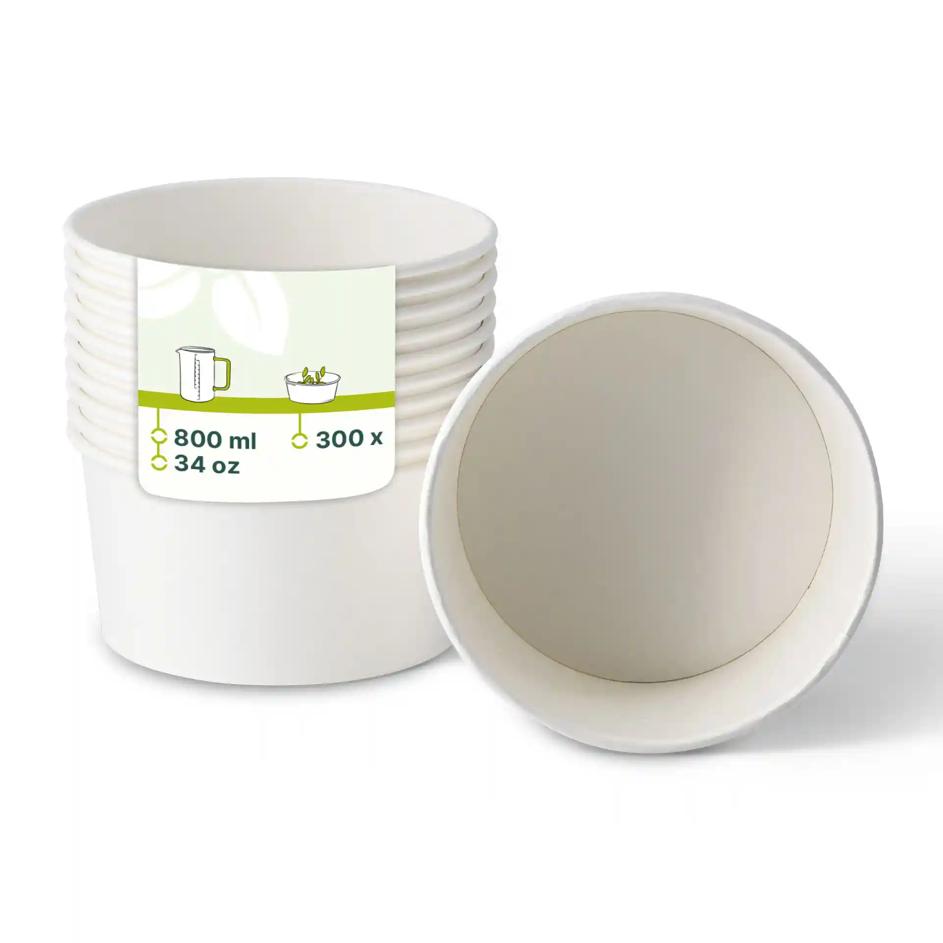 Stapel weißer Papierschalen mit einem Etikett, das eine Kapazität von 800 ml und die Abmessungen zeigt, eine Schale ist gedreht, um das Innere zu zeigen.