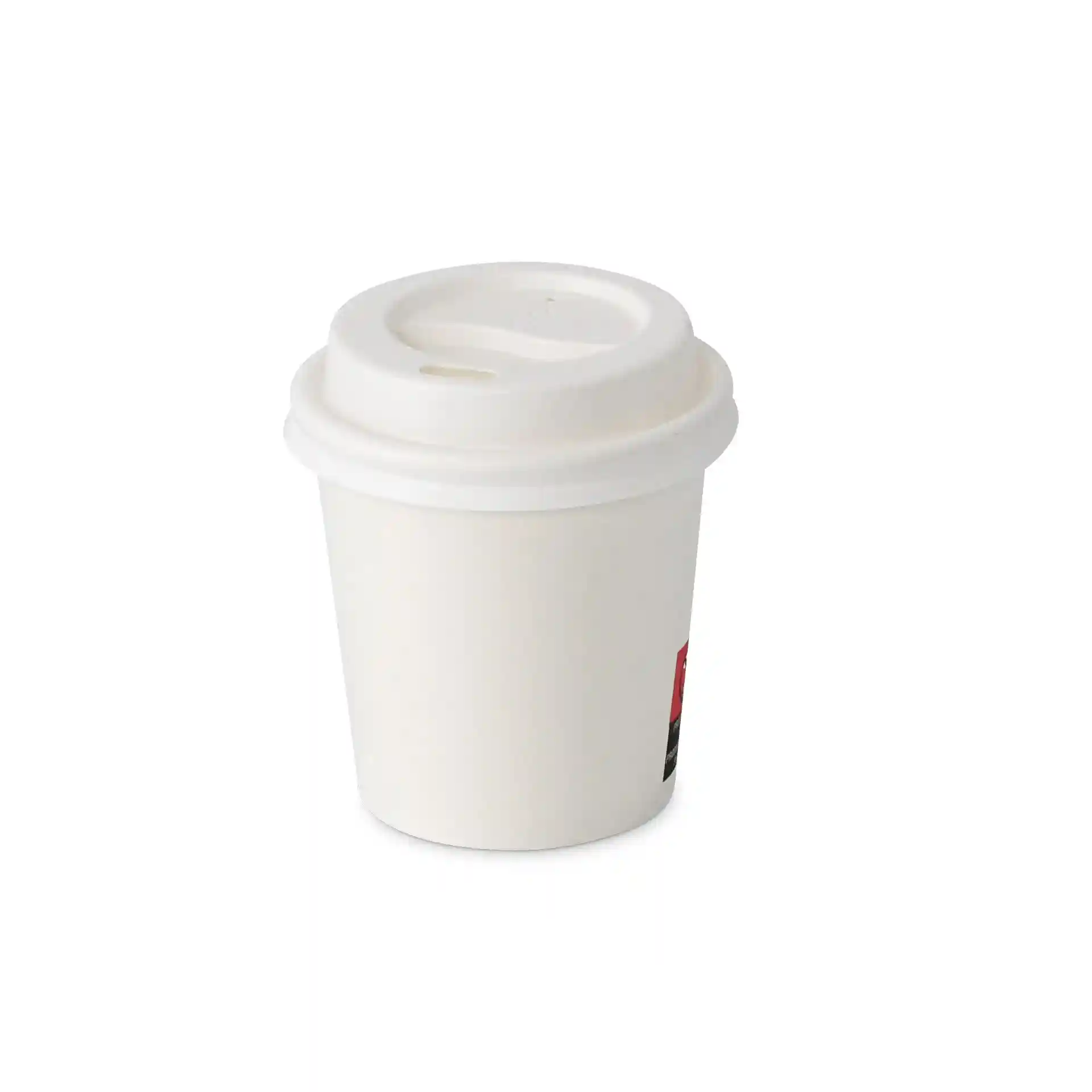 Weißer Becher aus Papier mit PLA-beschichteter Oberfläche, 100 ml Fassungsvermögen, einwandig und 62 mm Durchmesser.