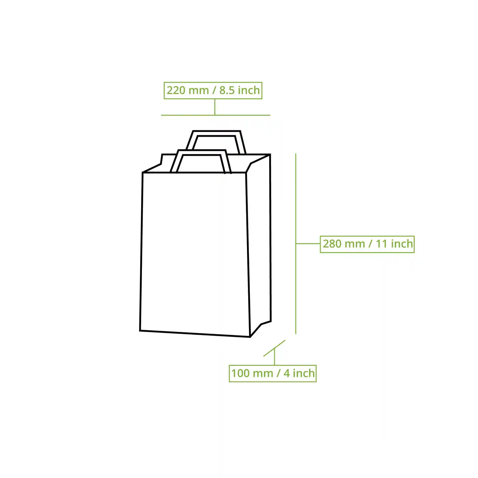 Schematic drawing of a white kraft paper carrier bag with dimensions labeled: 220 mm, 280 mm, and 100 mm.