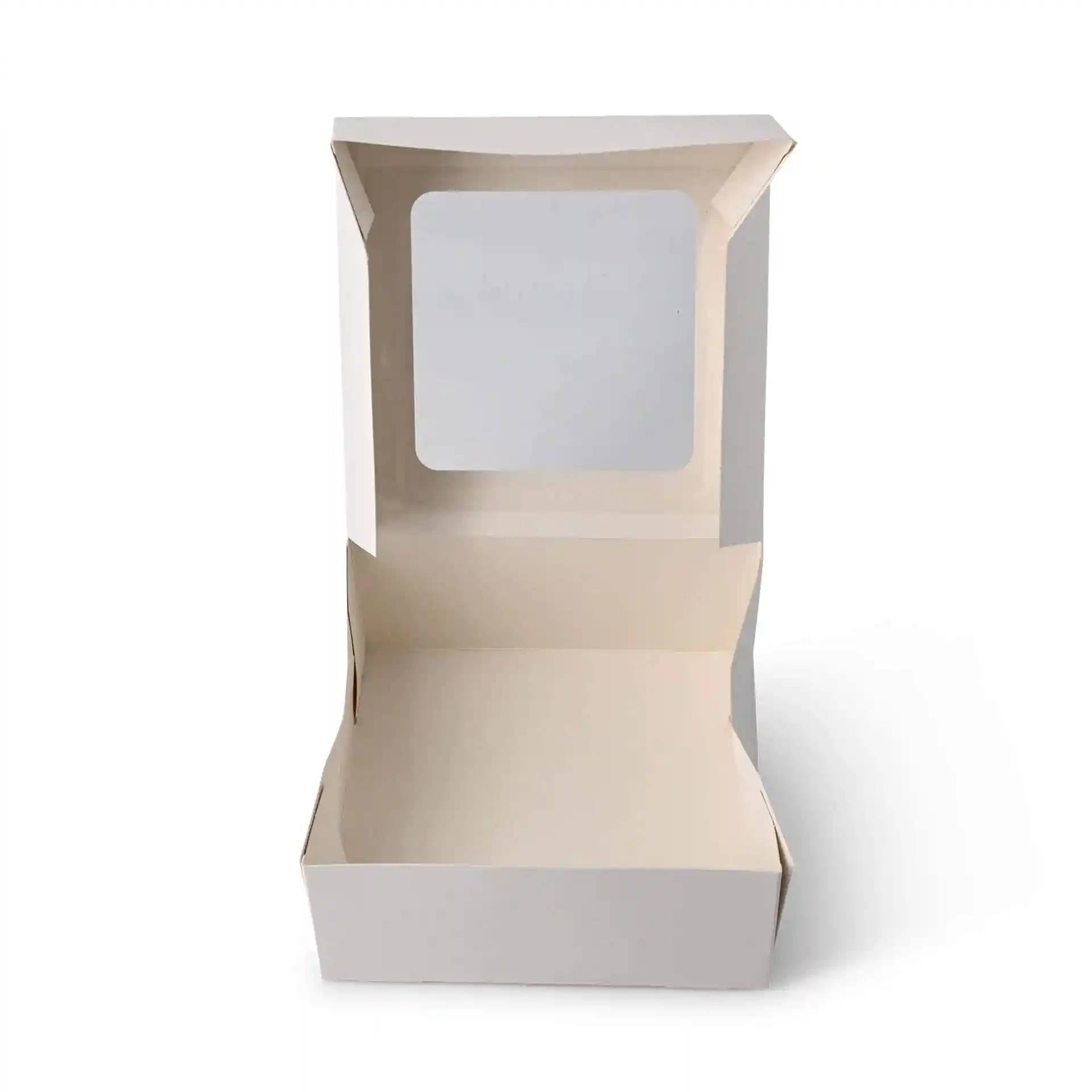 White cardboard pastry box with a square shape and a viewing window, measuring 18 x 18 x 7.5 cm.