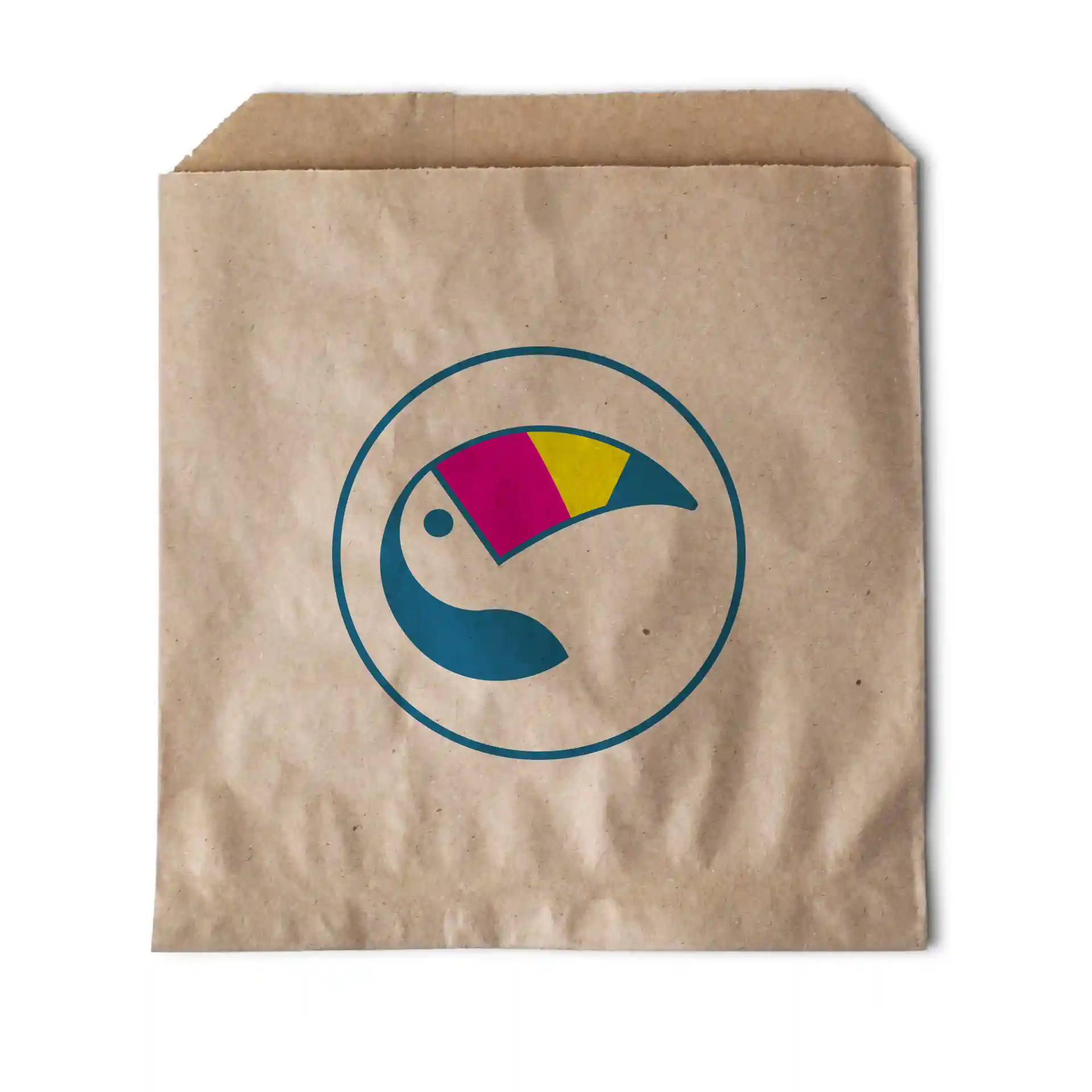 Brown flat bag with a circular toucan logo featuring pink, yellow, and blue colors, measuring 17 × 17 cm.