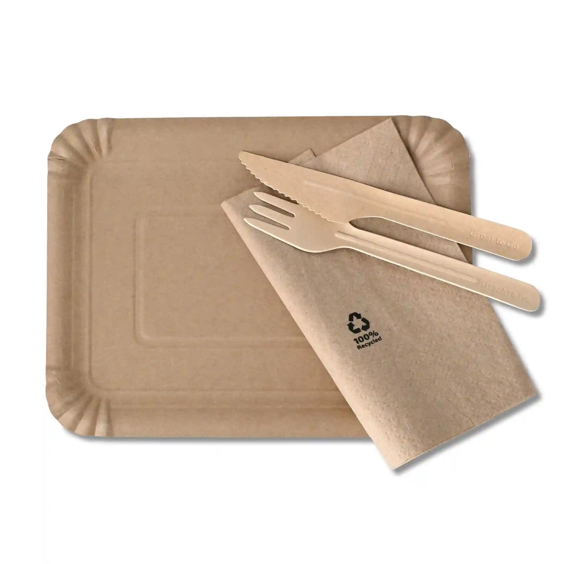 Brown rectangular paper plate with a shallow design, accompanied by a knife, fork, and a napkin.