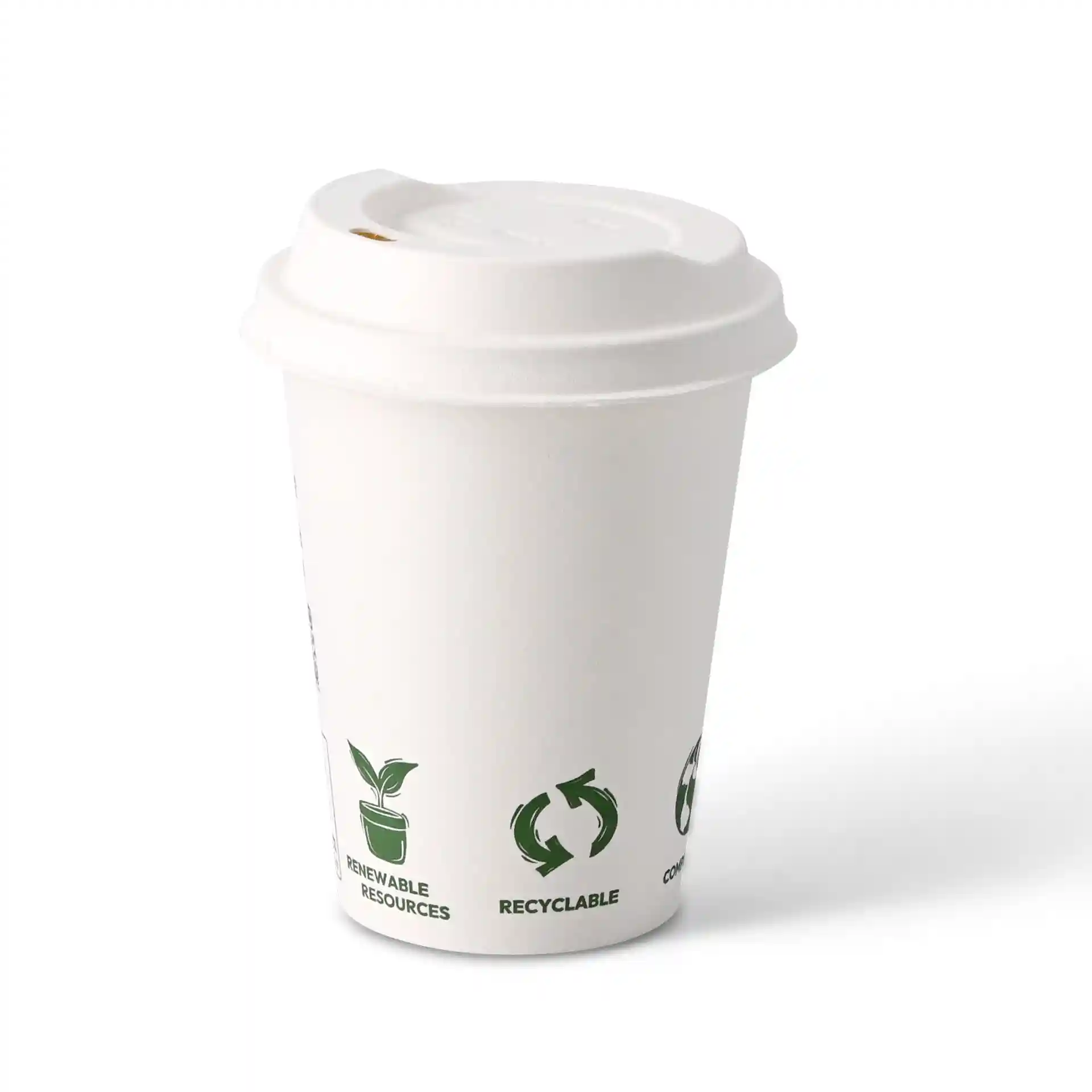 Weißer Becher mit Deckel, 300 ml Fassungsvermögen, mit grünen Symbolen für erneuerbare Ressourcen und Recycling.