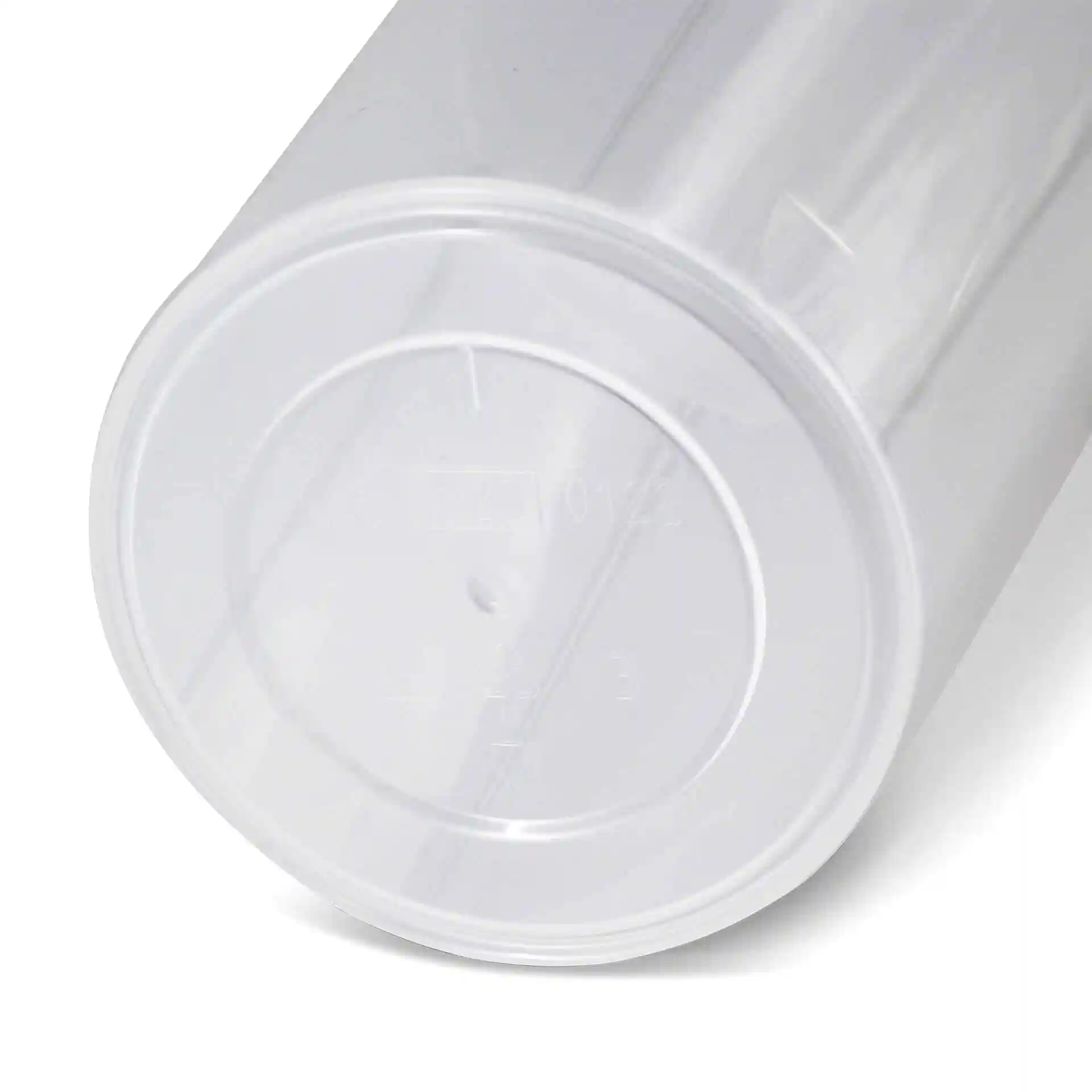 Transparent reusable cup with a diameter of 90 mm and a visible base design.